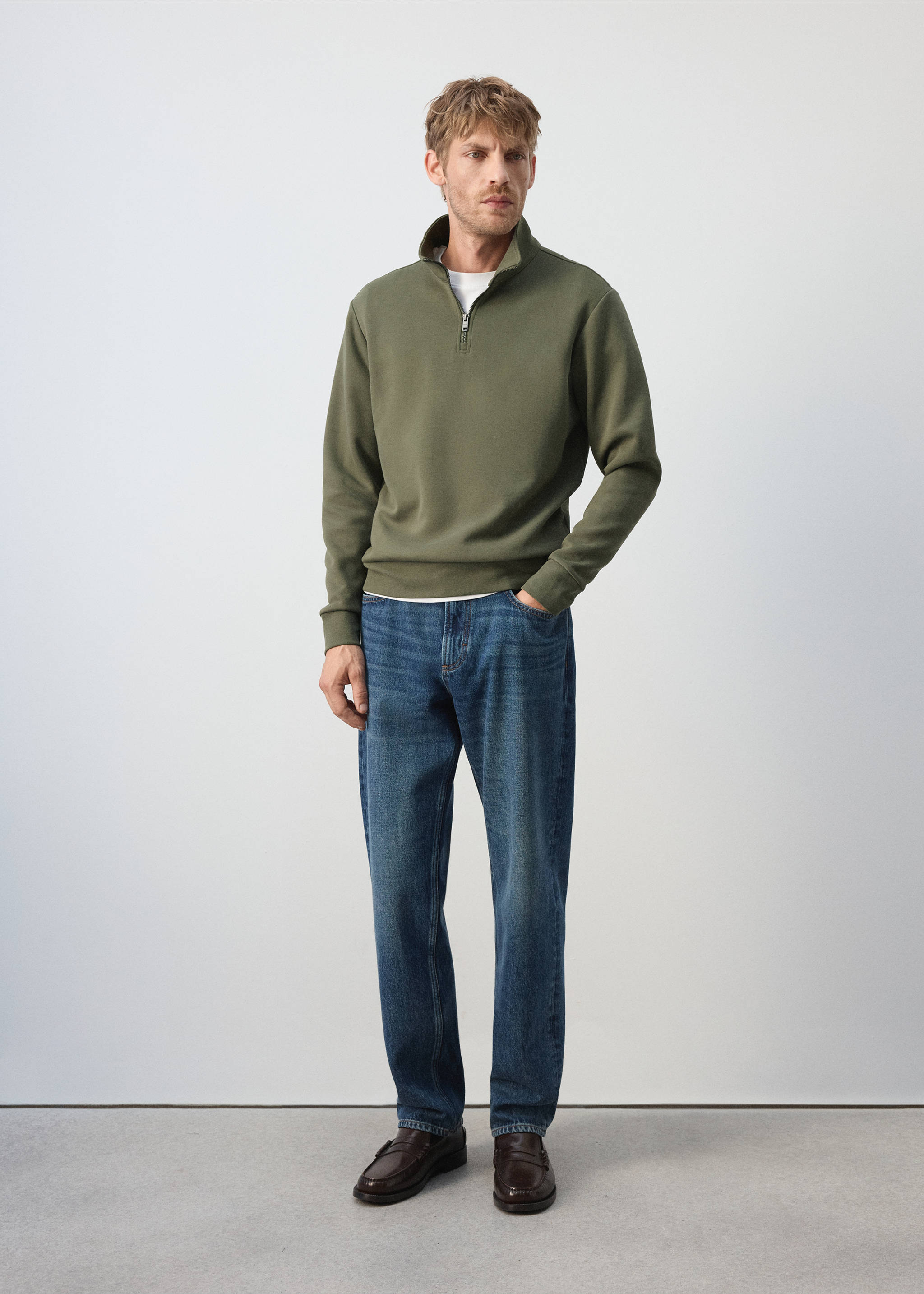 Cotton blend sweatshirt zipper - General plane, Khaki. Ref: 37065984-00.