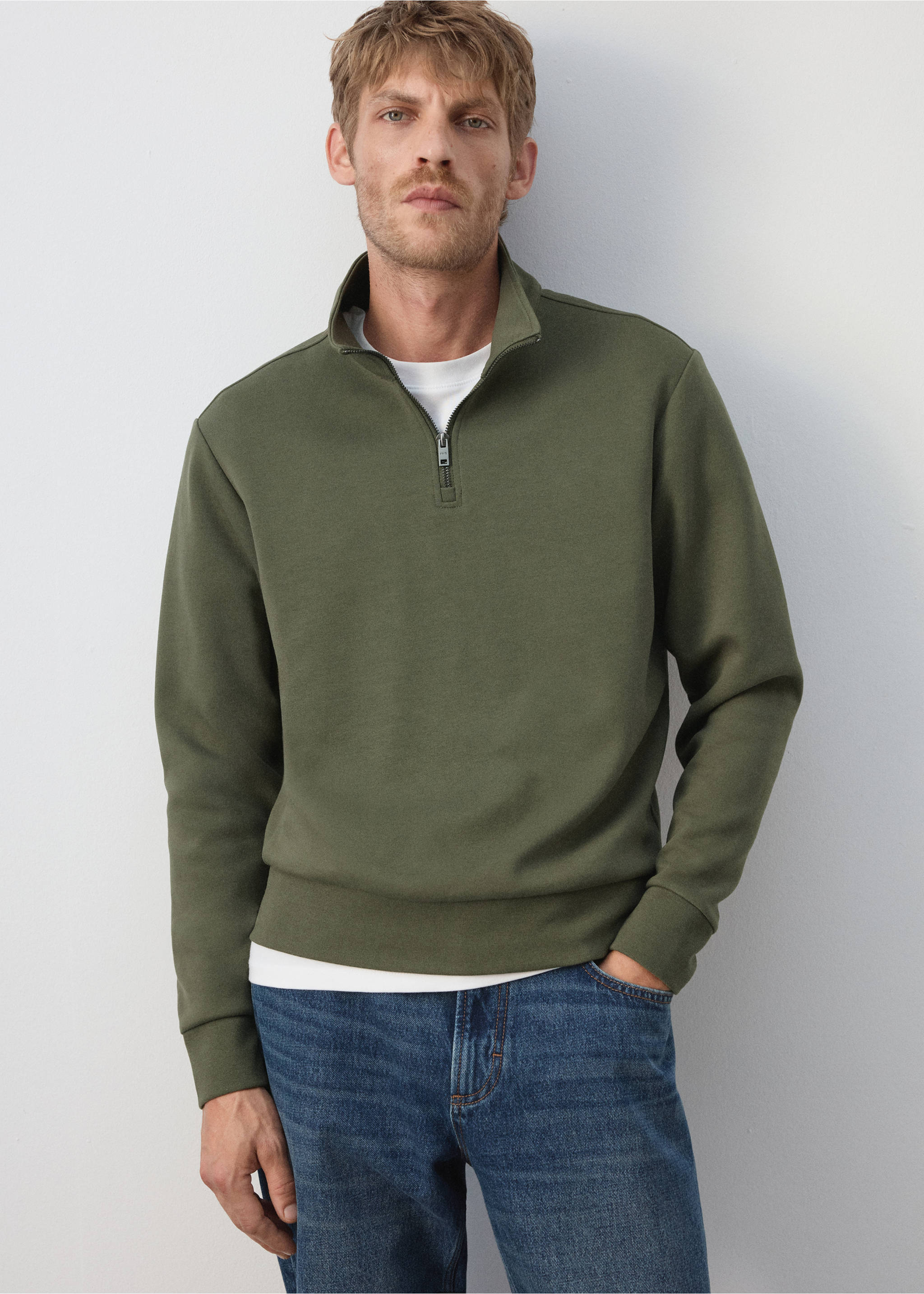 Cotton blend sweatshirt zipper - Details of the article 4, Khaki. Ref: 37065984-00.