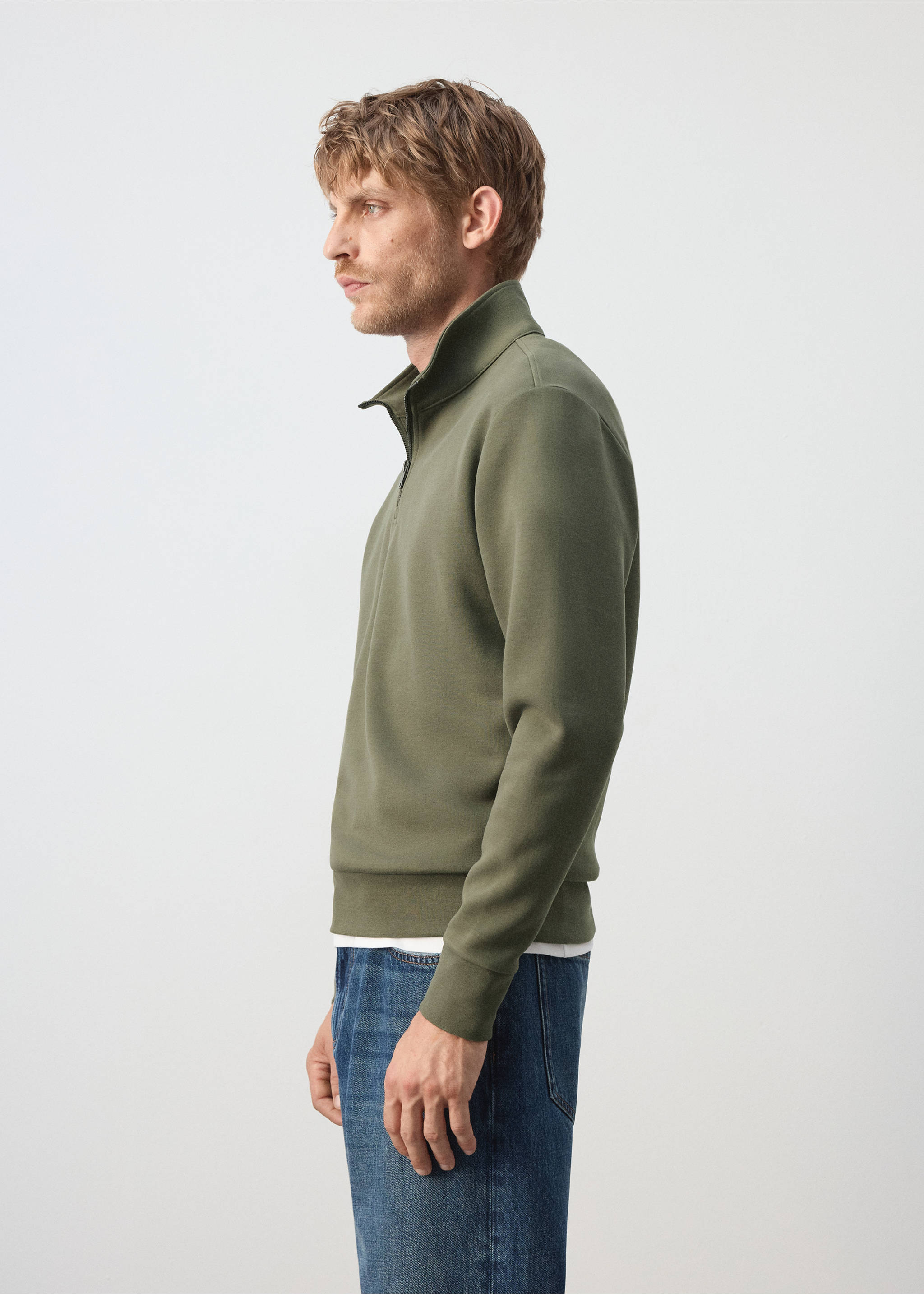 Cotton blend sweatshirt zipper - Details of the article 2, Khaki. Ref: 37065984-00.