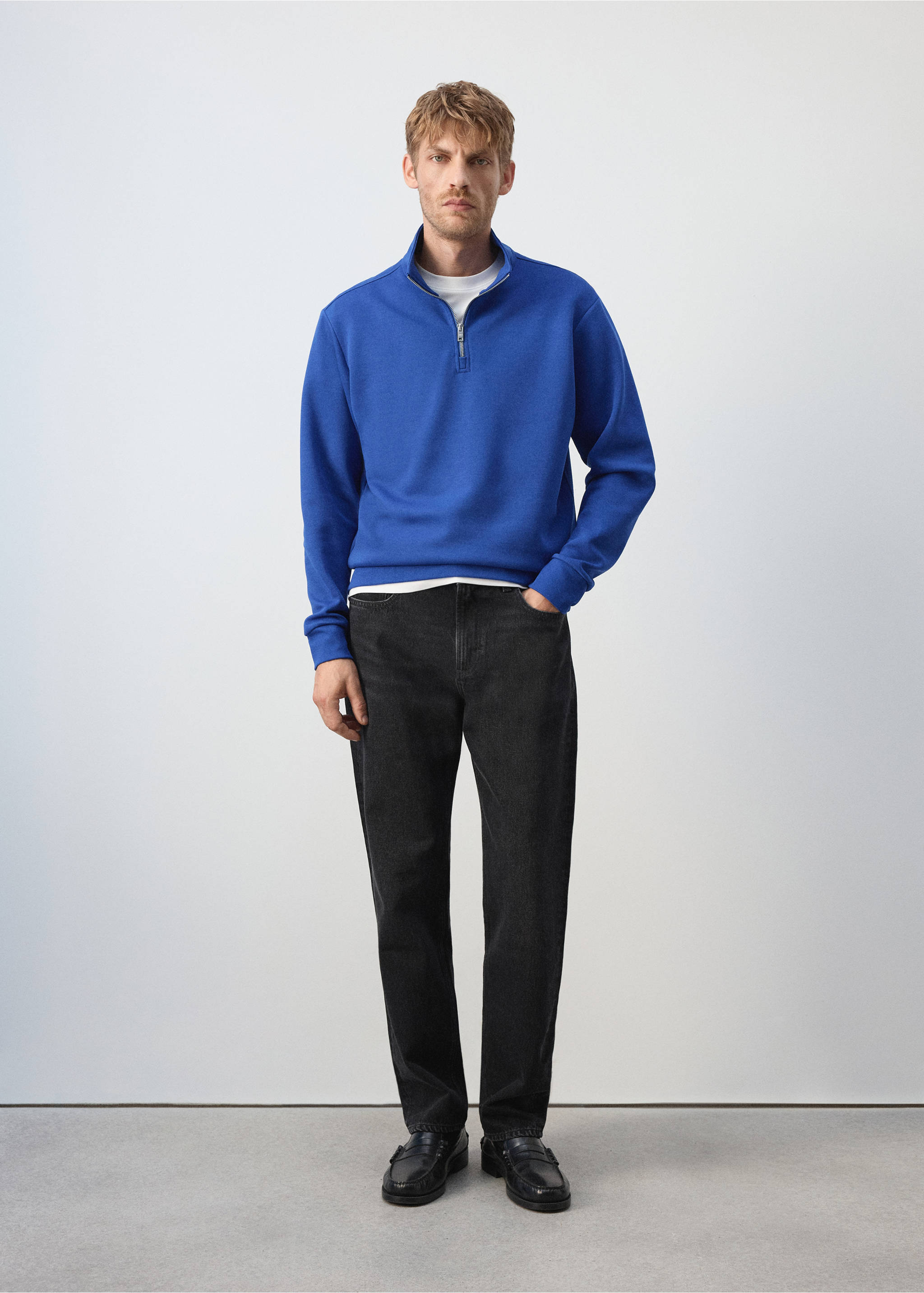 Sweat-shirt en mélange de coton avec fermeture éclair - Plan général, Bleu encre. Ref: 37065984-00.