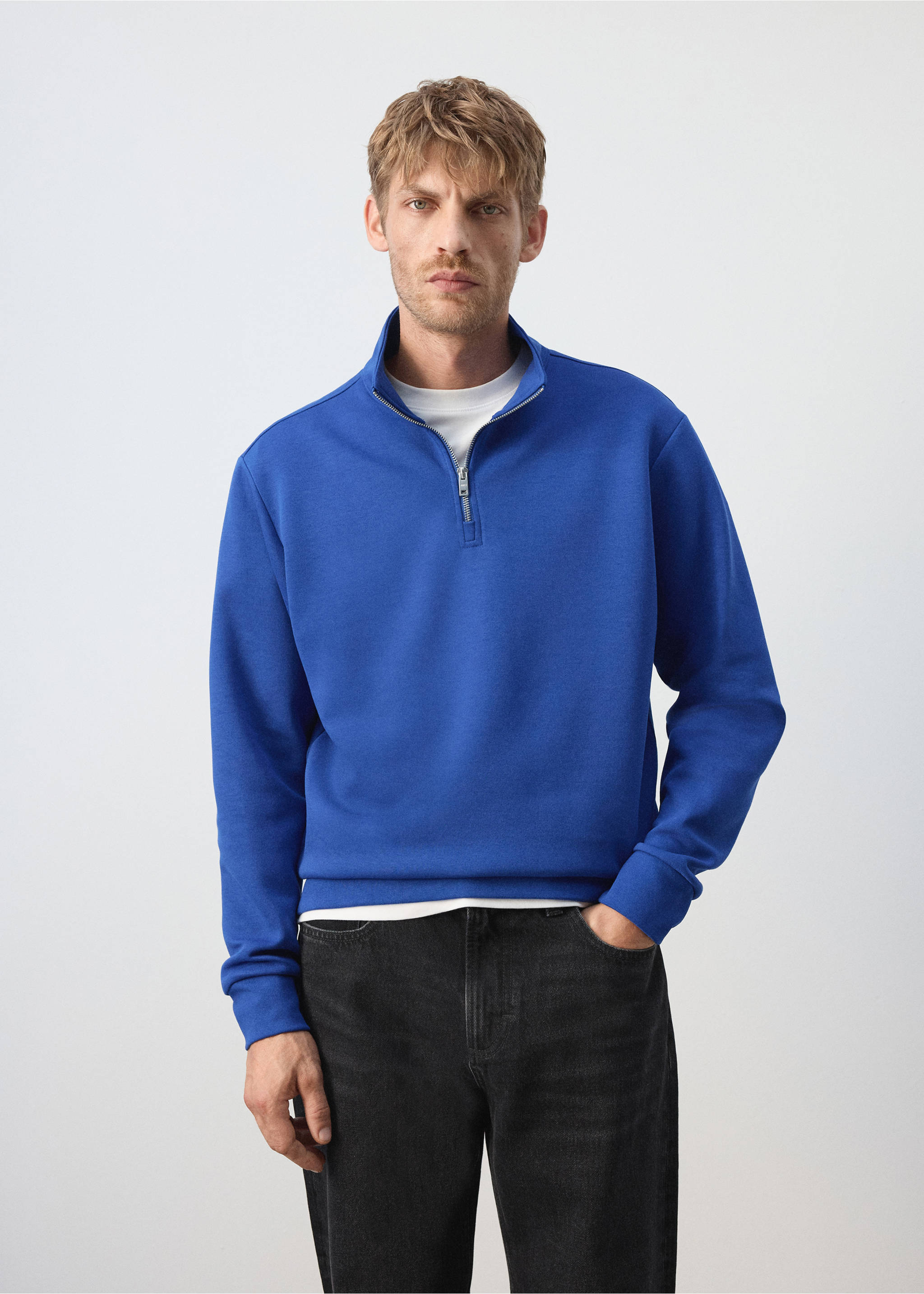 Sweat-shirt en mélange de coton avec fermeture éclair - Plan moyen, Bleu encre. Ref: 37065984-00.