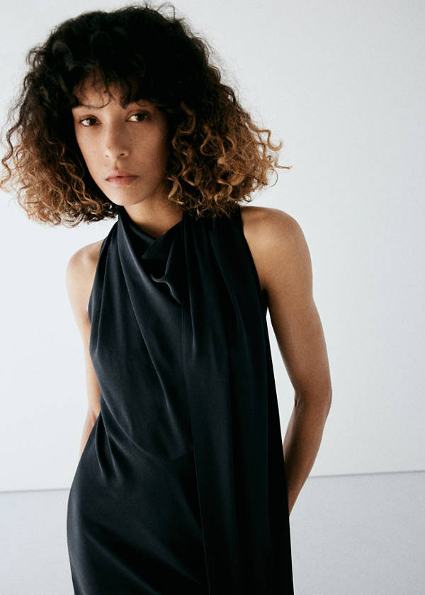 Drape-neck dress with scarf collar — Charcoal