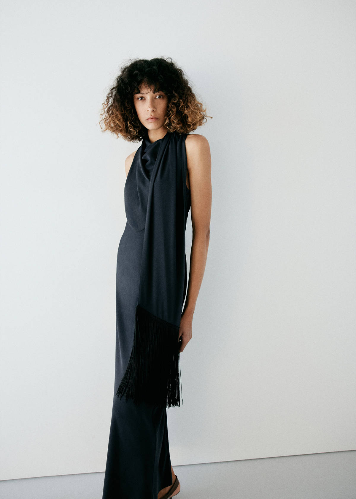 Drape-neck dress with scarf collar — Charcoal