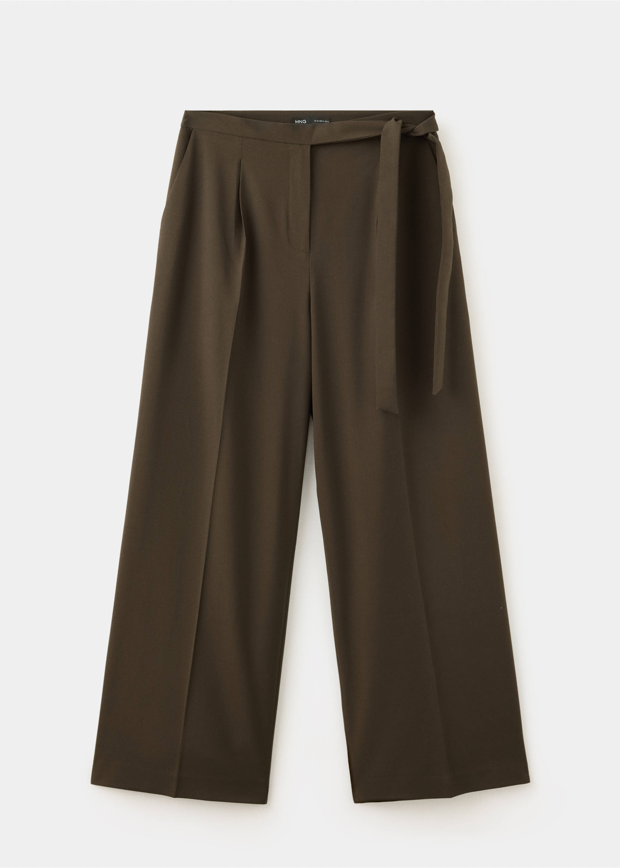 Dark khaki green wide-leg trousers featuring a matching tie belt and pressed creases., Brown. Ref: 37065994-00.