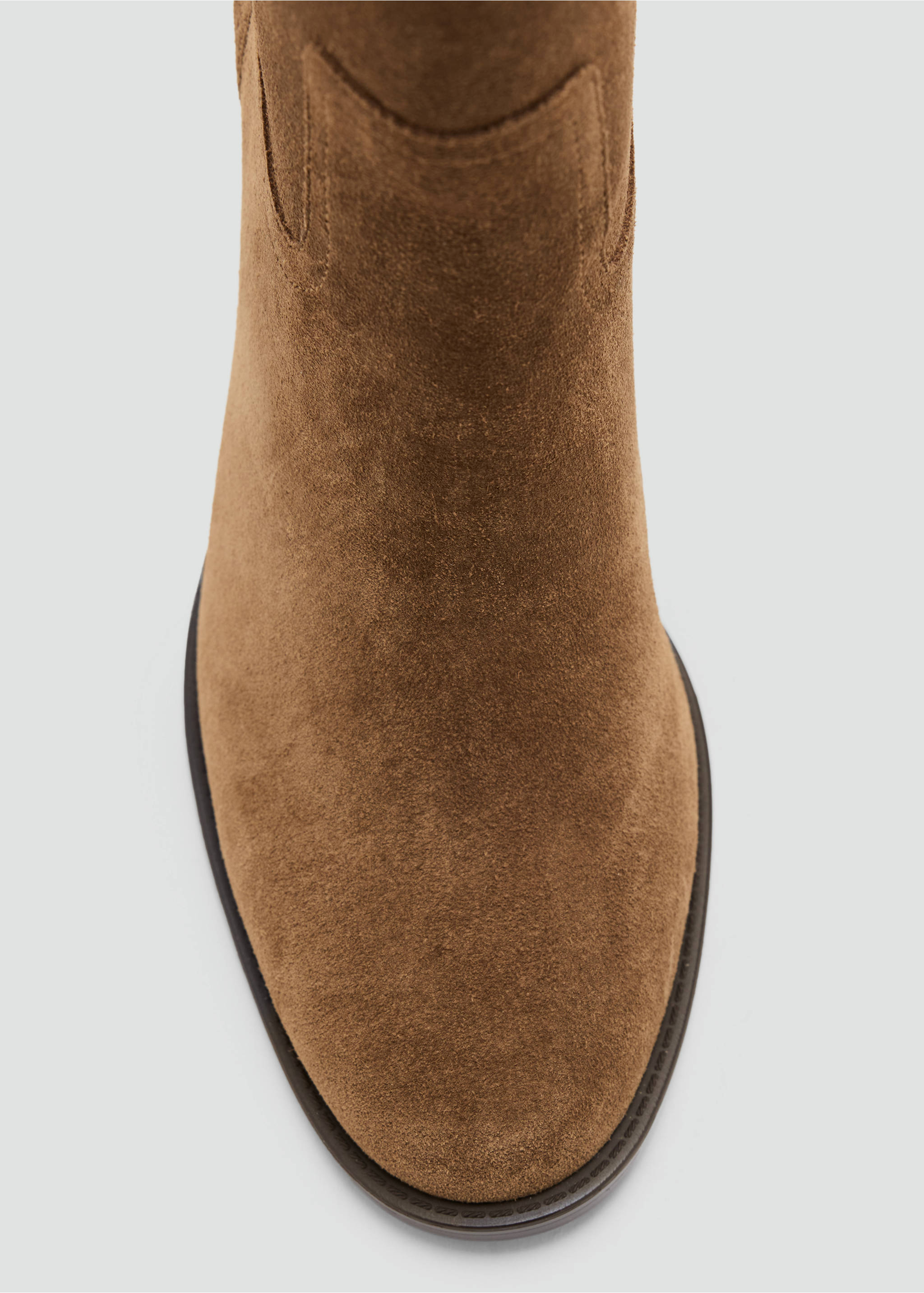 Close-up of brown suede boot with rounded toe and western stitching., Tobacco Brown. Ref: 37066325-00.
