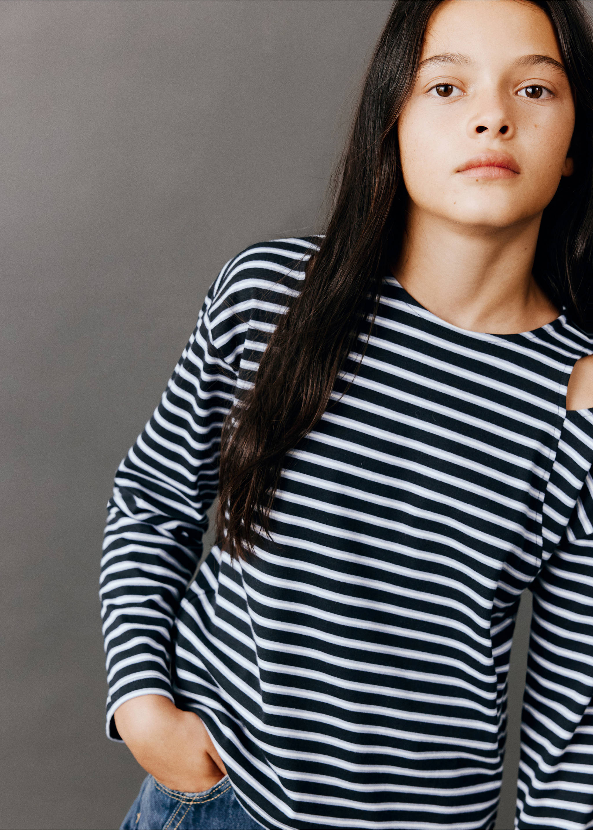 Striped cut-out T-shirt - Medium plane, Navy. Ref: 37066331-00.