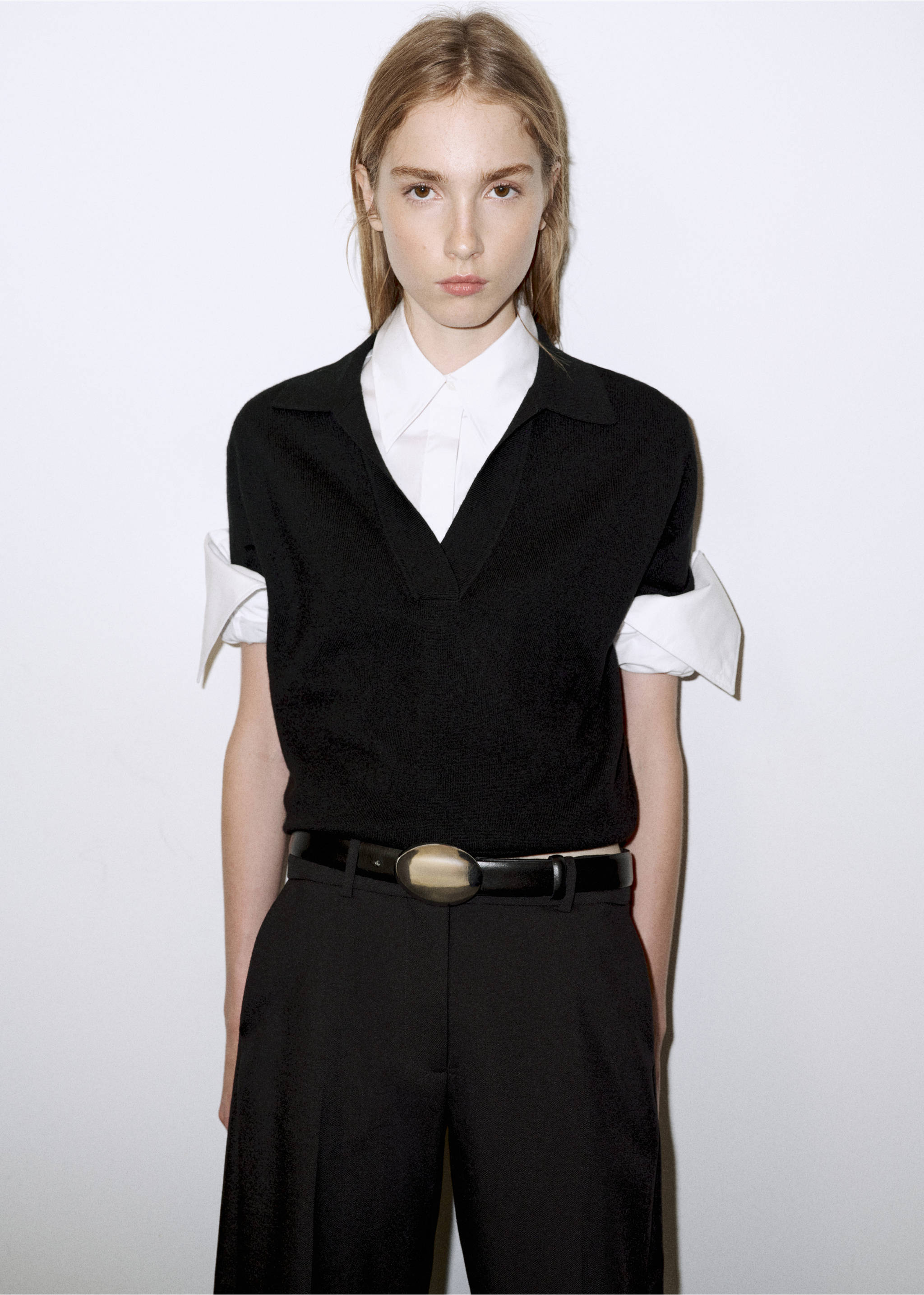 Polo collar wool sweater - Medium plane, Black. Ref: 37066335-00.