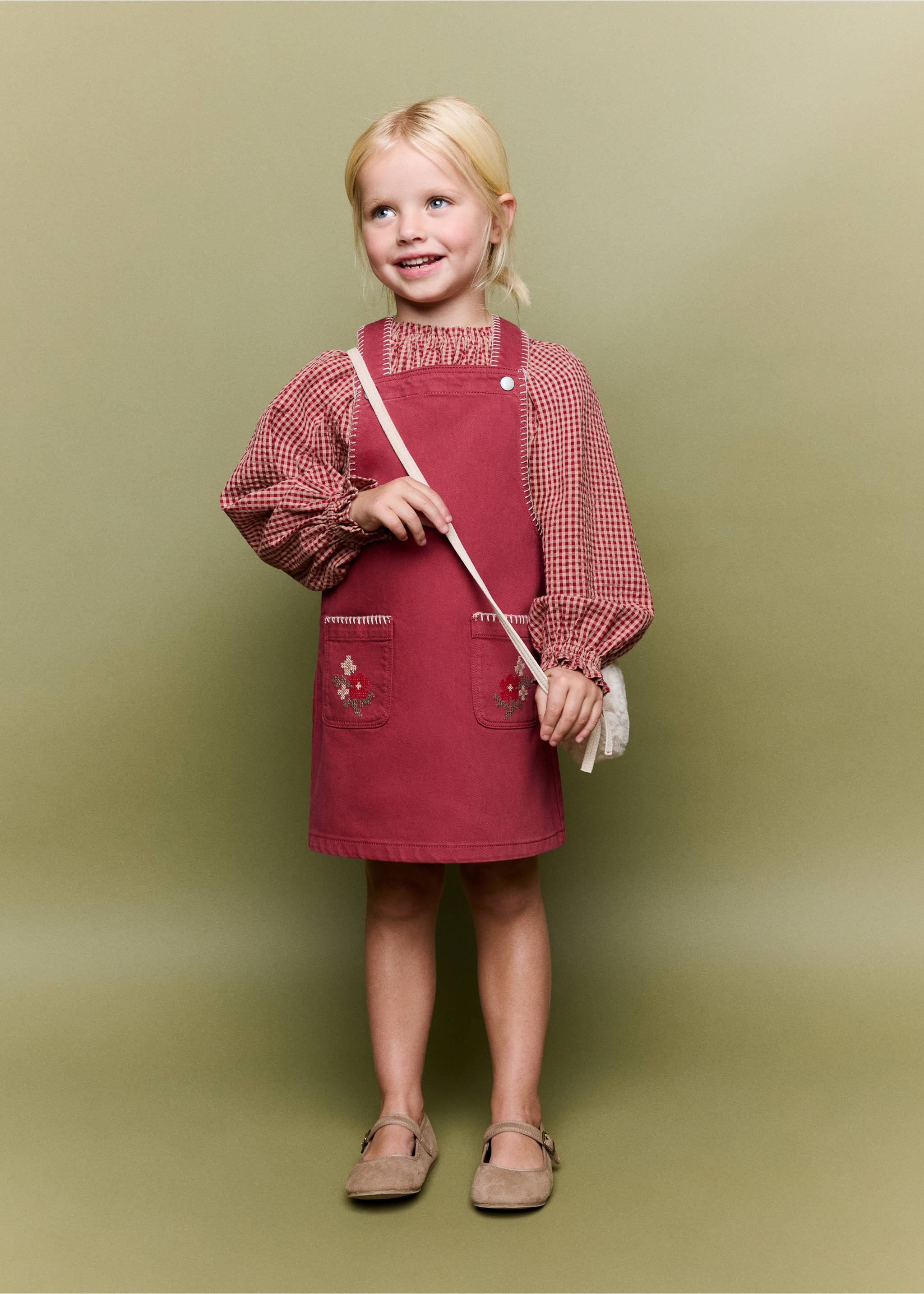 Denim pinafore with topstitching detail - General plane, Red. Ref: 37066344-00.