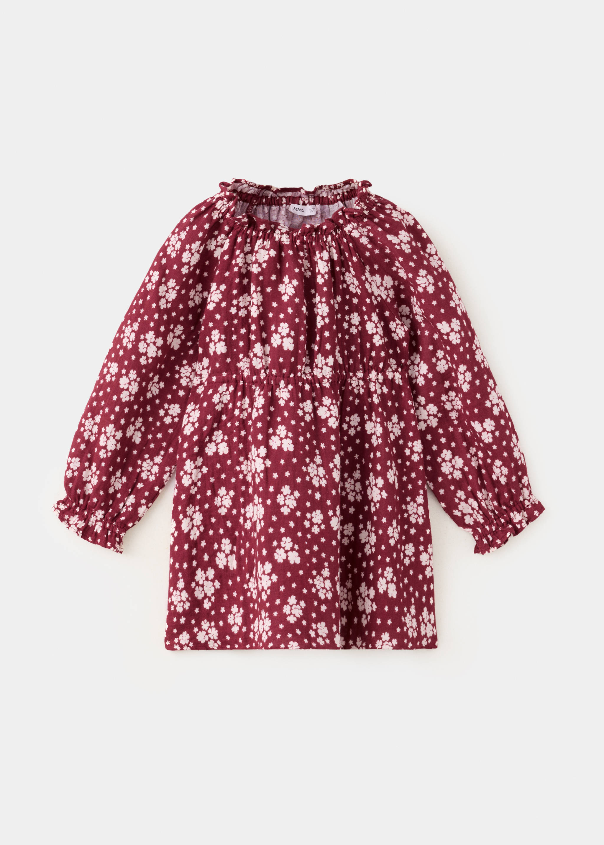 Burgundy floral long-sleeved kids' dress with a ruffled neckline.