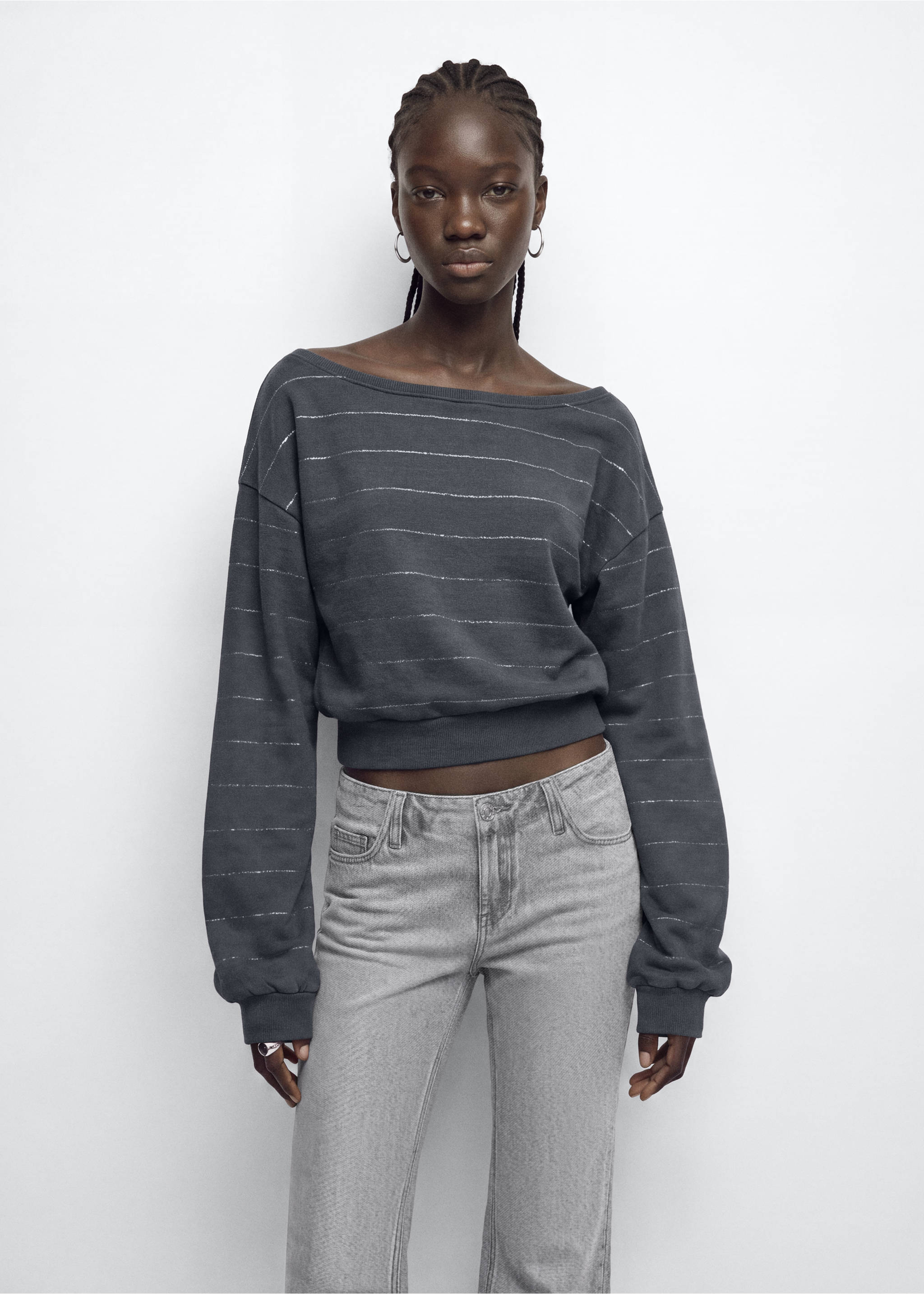 Lurex boat-neck jumper - Medium plane, Charcoal. Ref: 37066357-00.