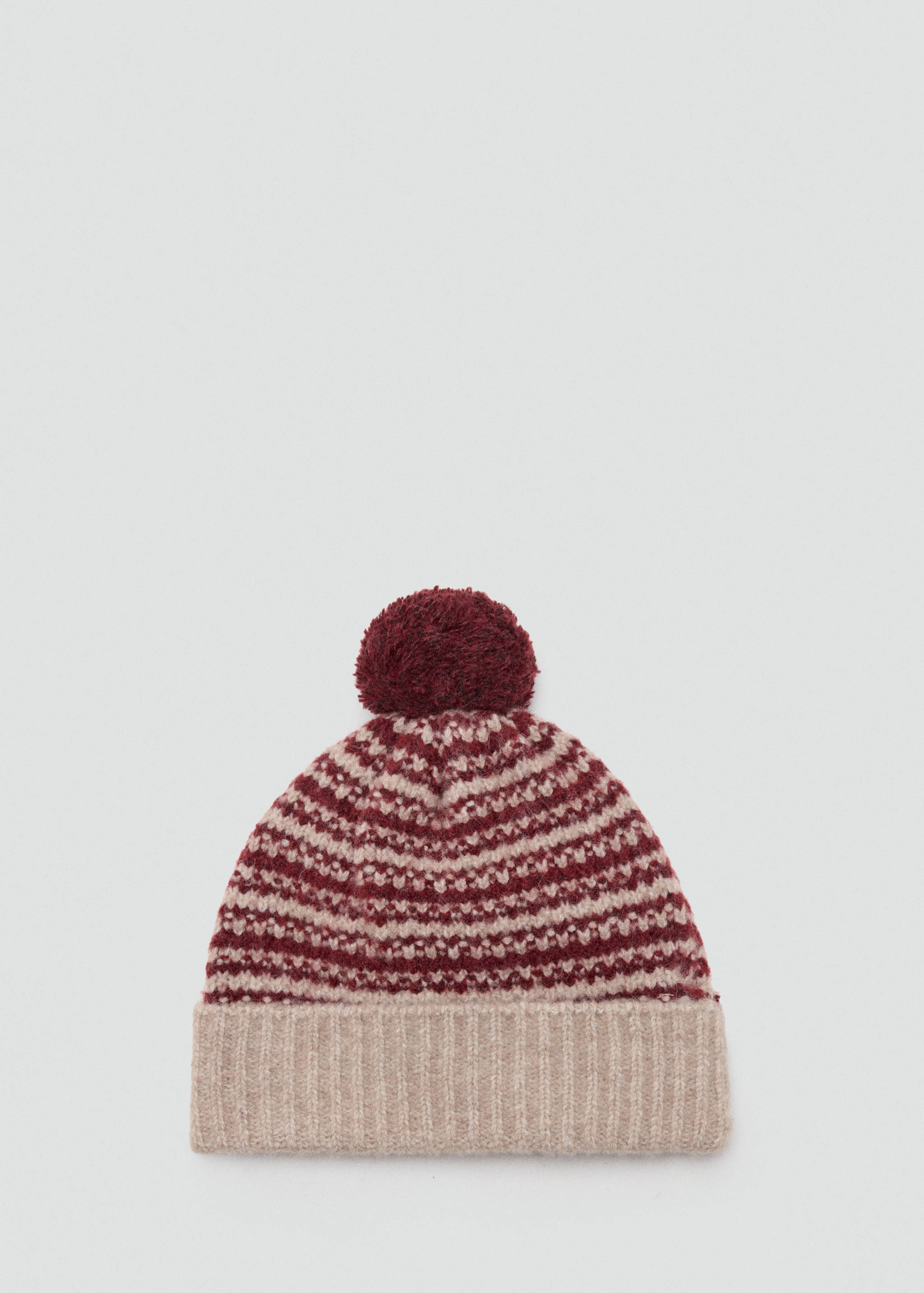 Burgundy and beige striped knitted beanie with a ribbed brim and pom-pom.