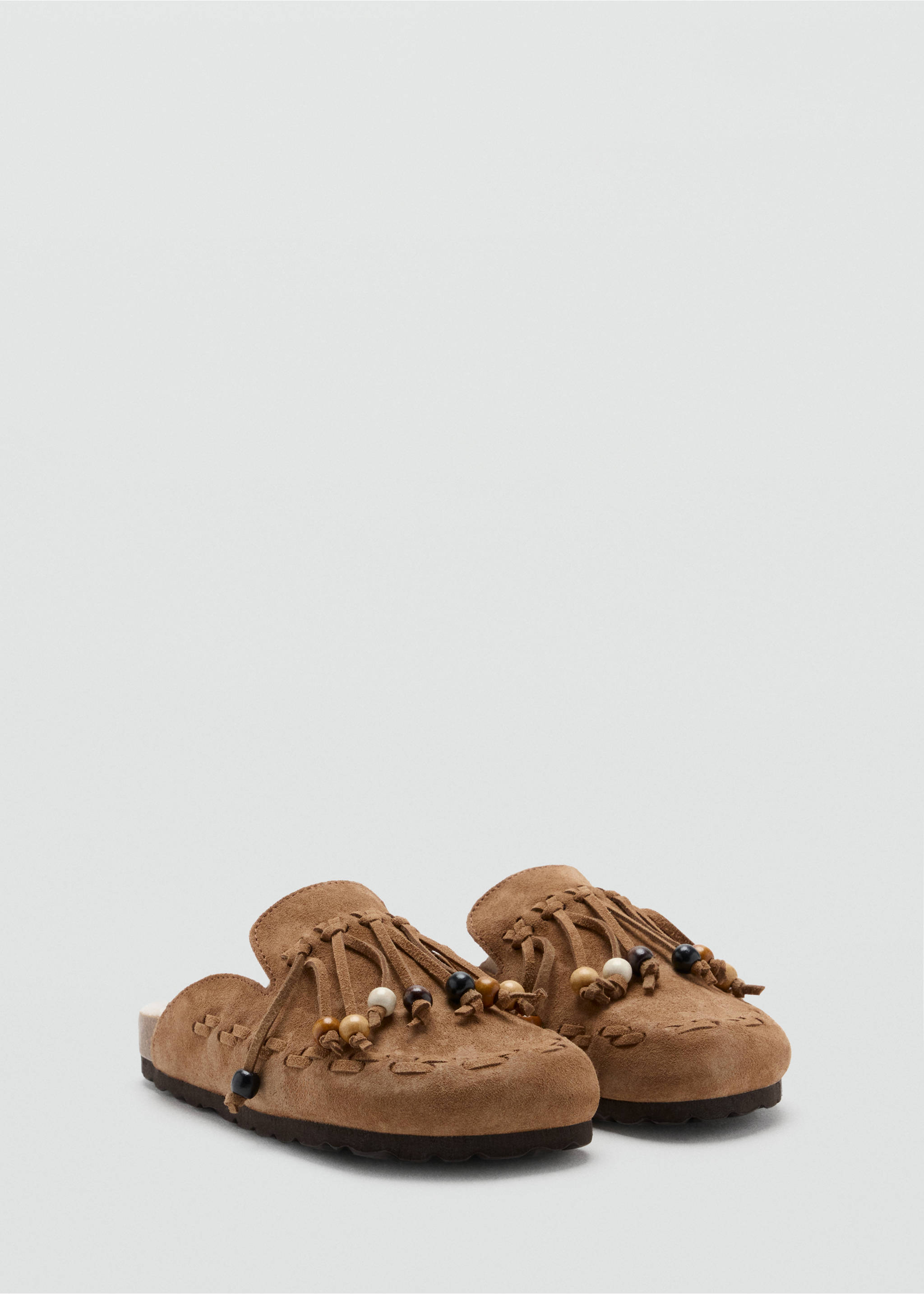 Brown suede children's clogs with fringe and wooden bead details., Medium Brown. Ref: 37066369-00.