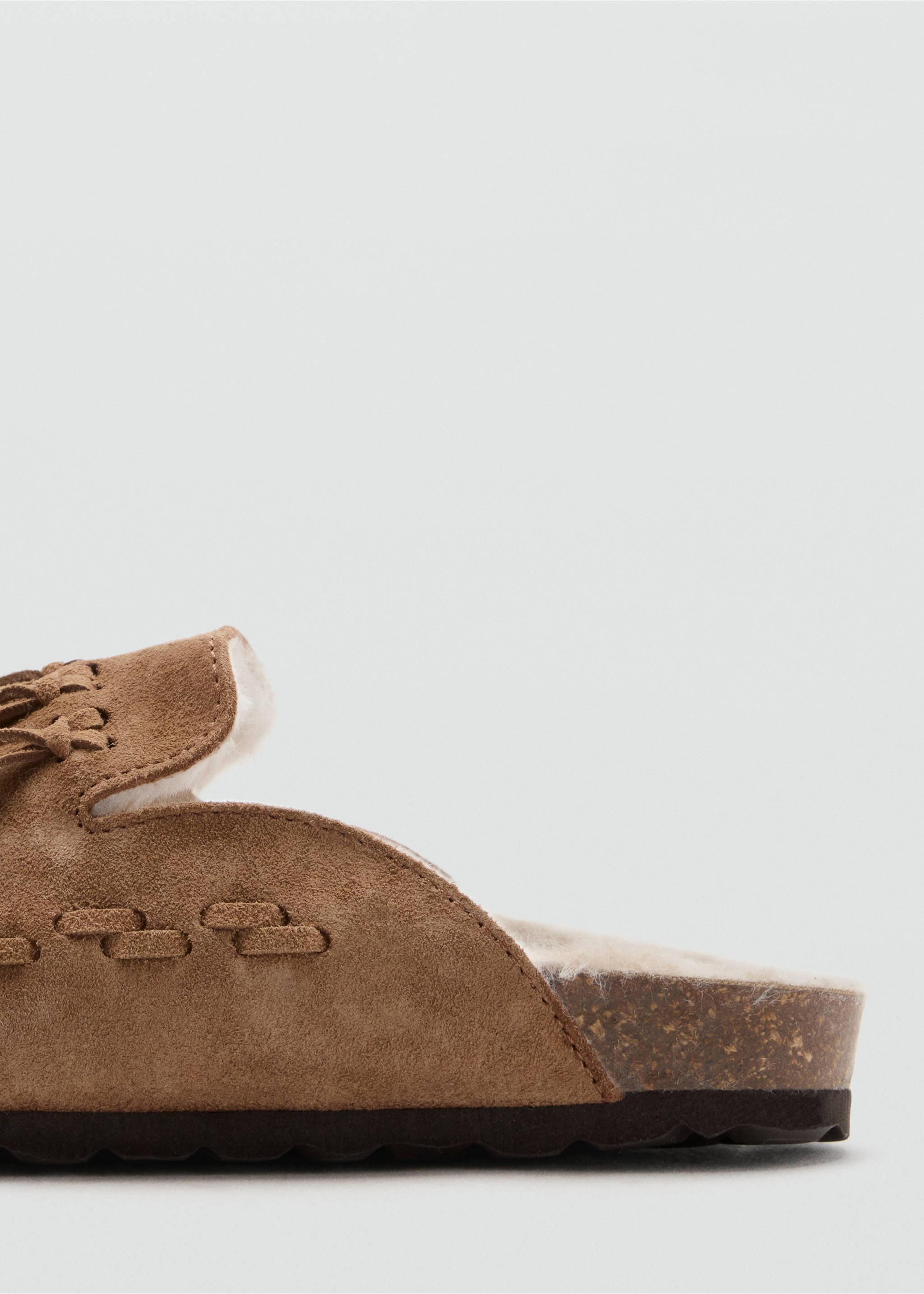 Brown suede shoe detail with white faux-fur lining and cork midsole., Medium Brown. Ref: 37066369-00.