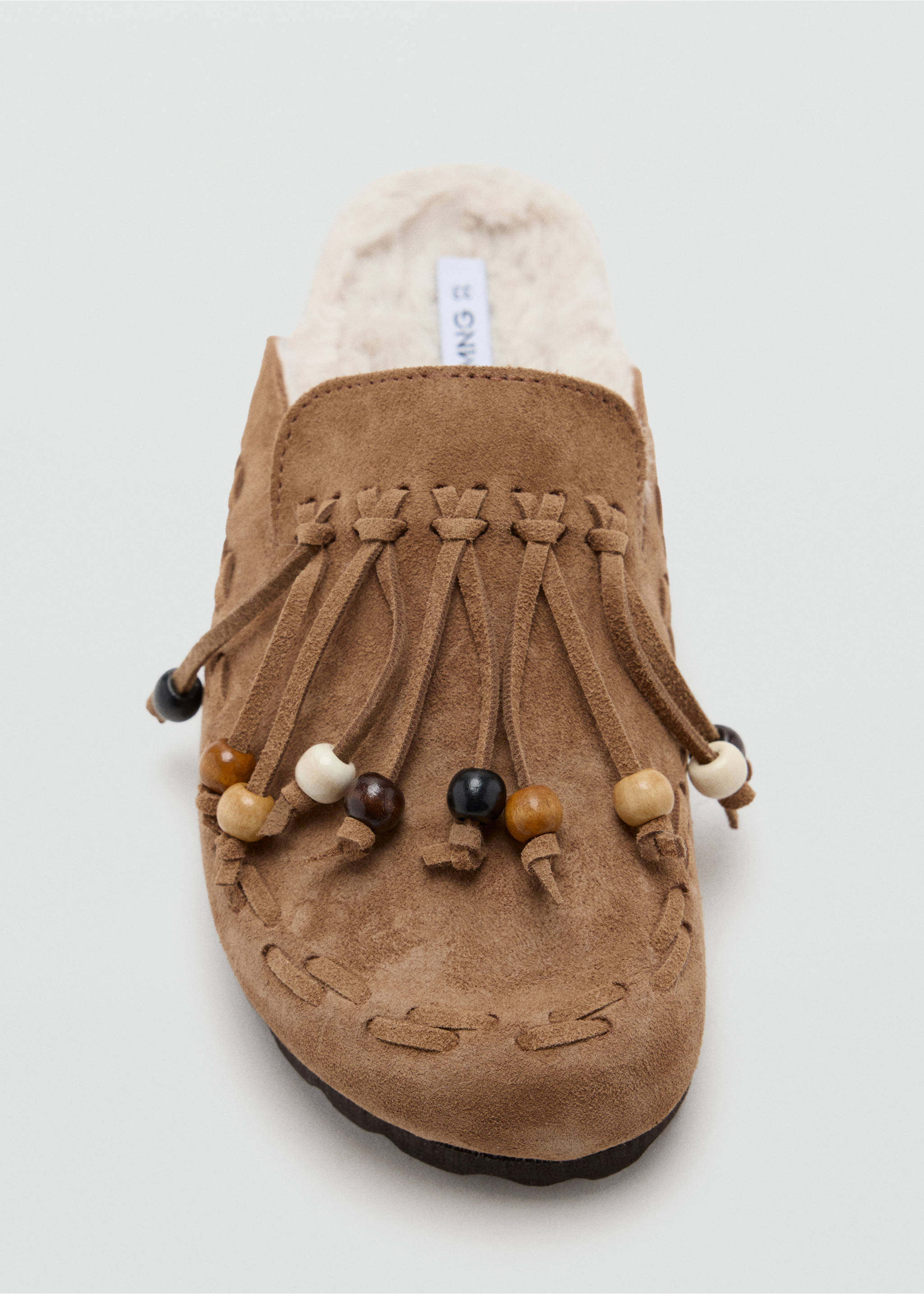 Brown suede kids' clog shoe with fringing, wooden beads, and faux-shearling lining., Medium Brown. Ref: 37066369-00.