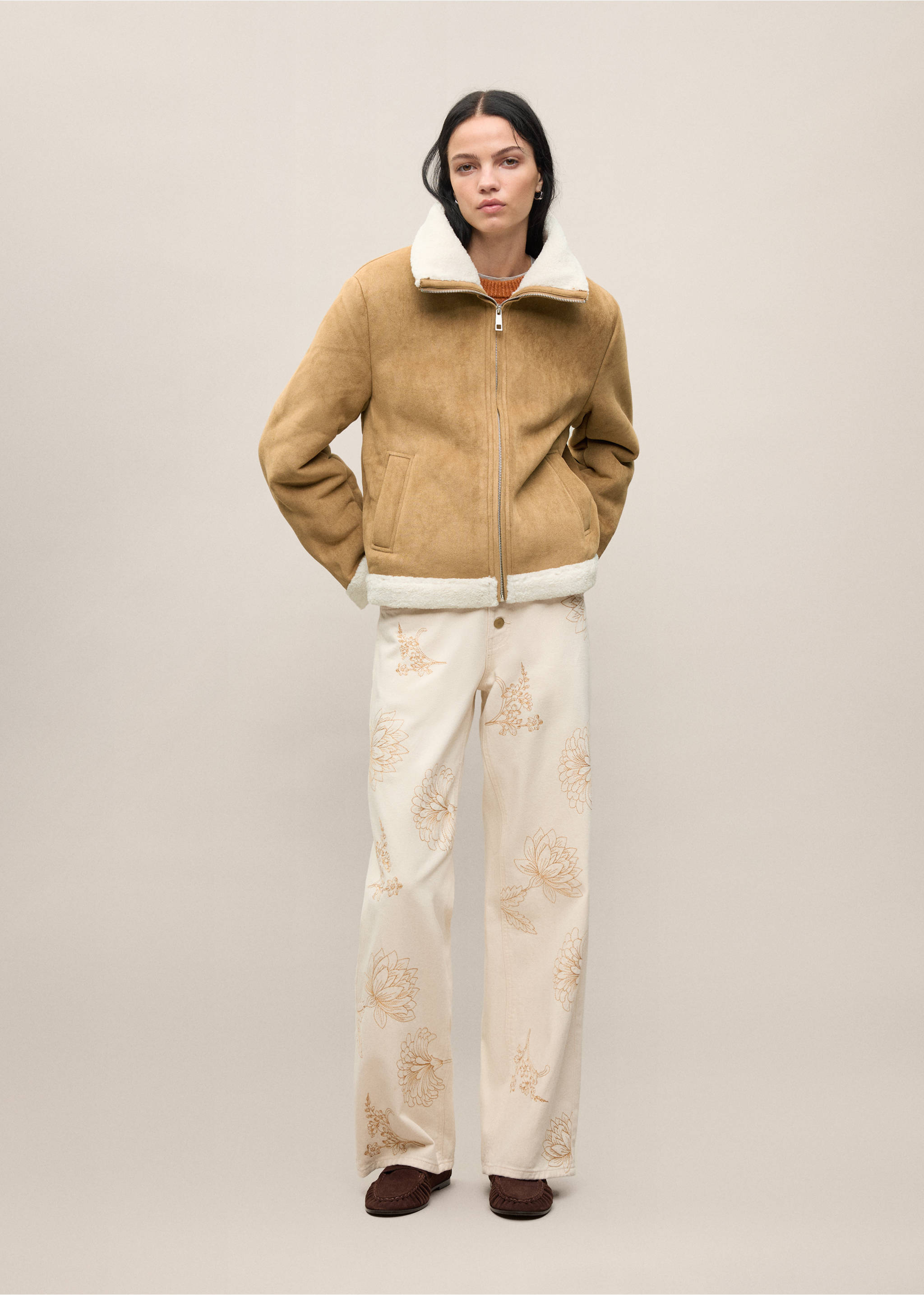 Suede effect sheepskin coat - General plane, Tobacco Brown. Ref: 37066726-00.