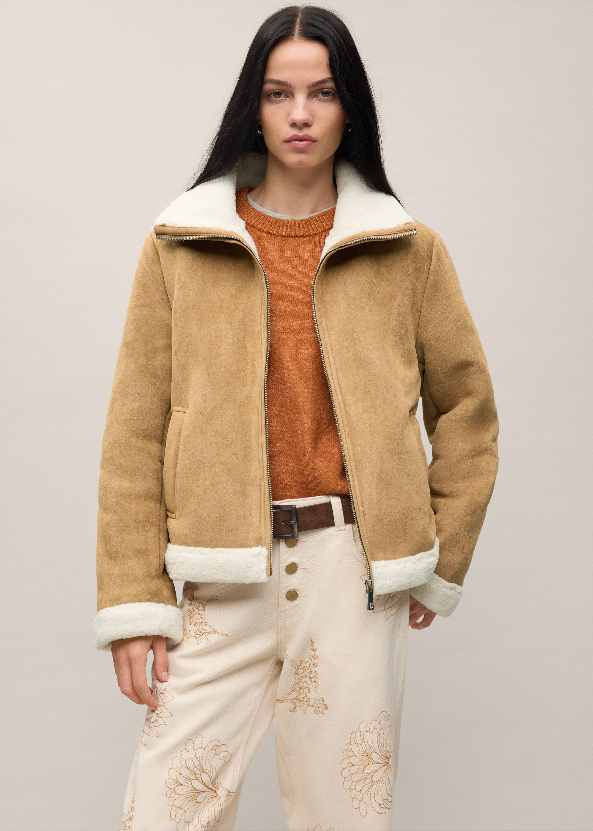 Suede effect sheepskin coat - Medium plane, Tobacco Brown. Ref: 37066726-00.