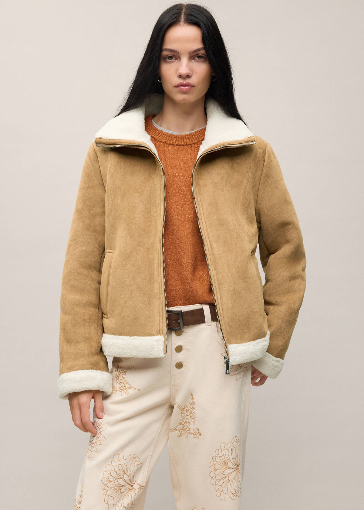 Suede effect sheepskin coat — Tobacco Brown