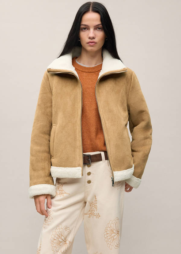 Suede effect sheepskin coat — Tobacco Brown