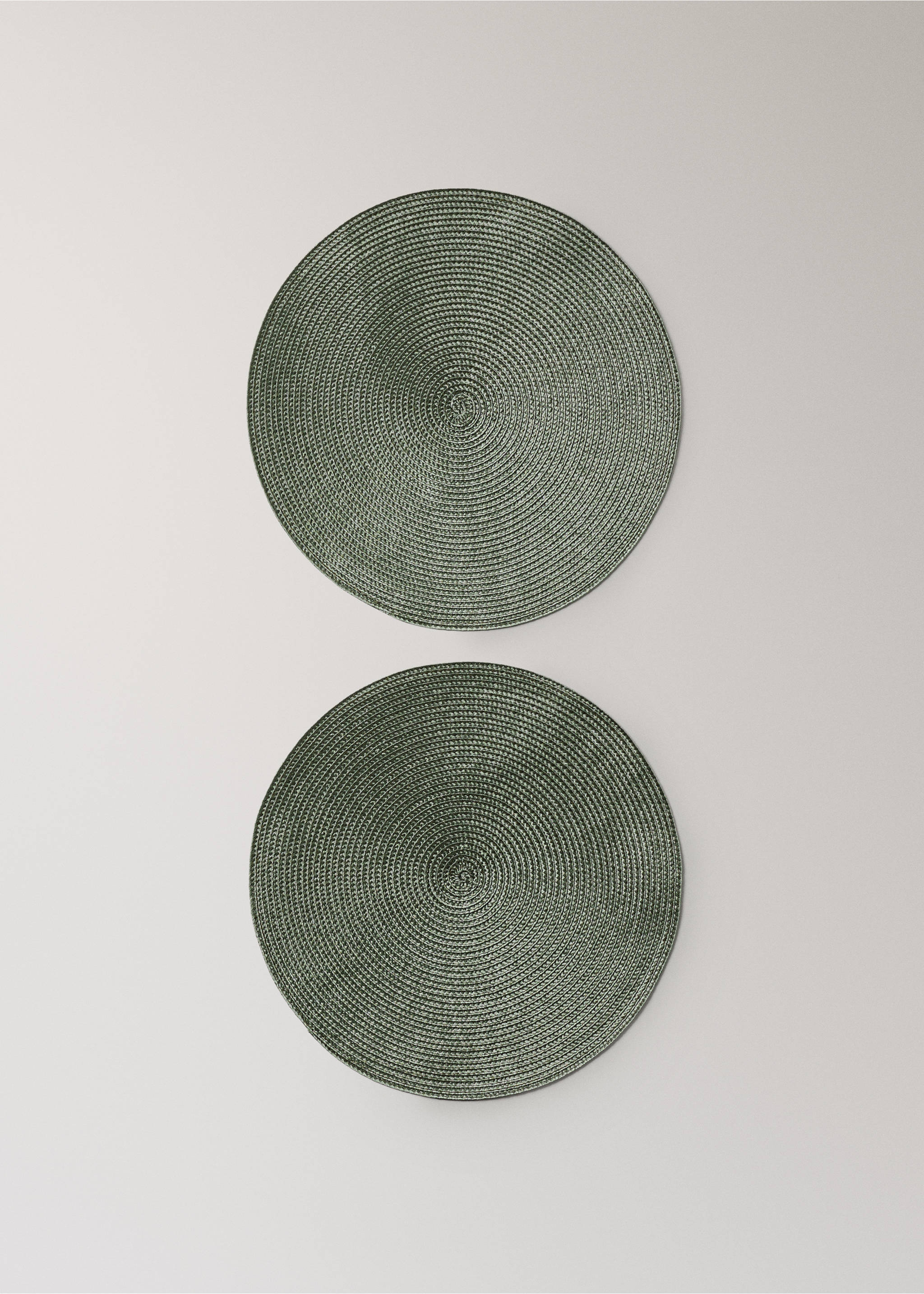 Two round dark green woven table placemats., Green. Ref: 37066732-00.