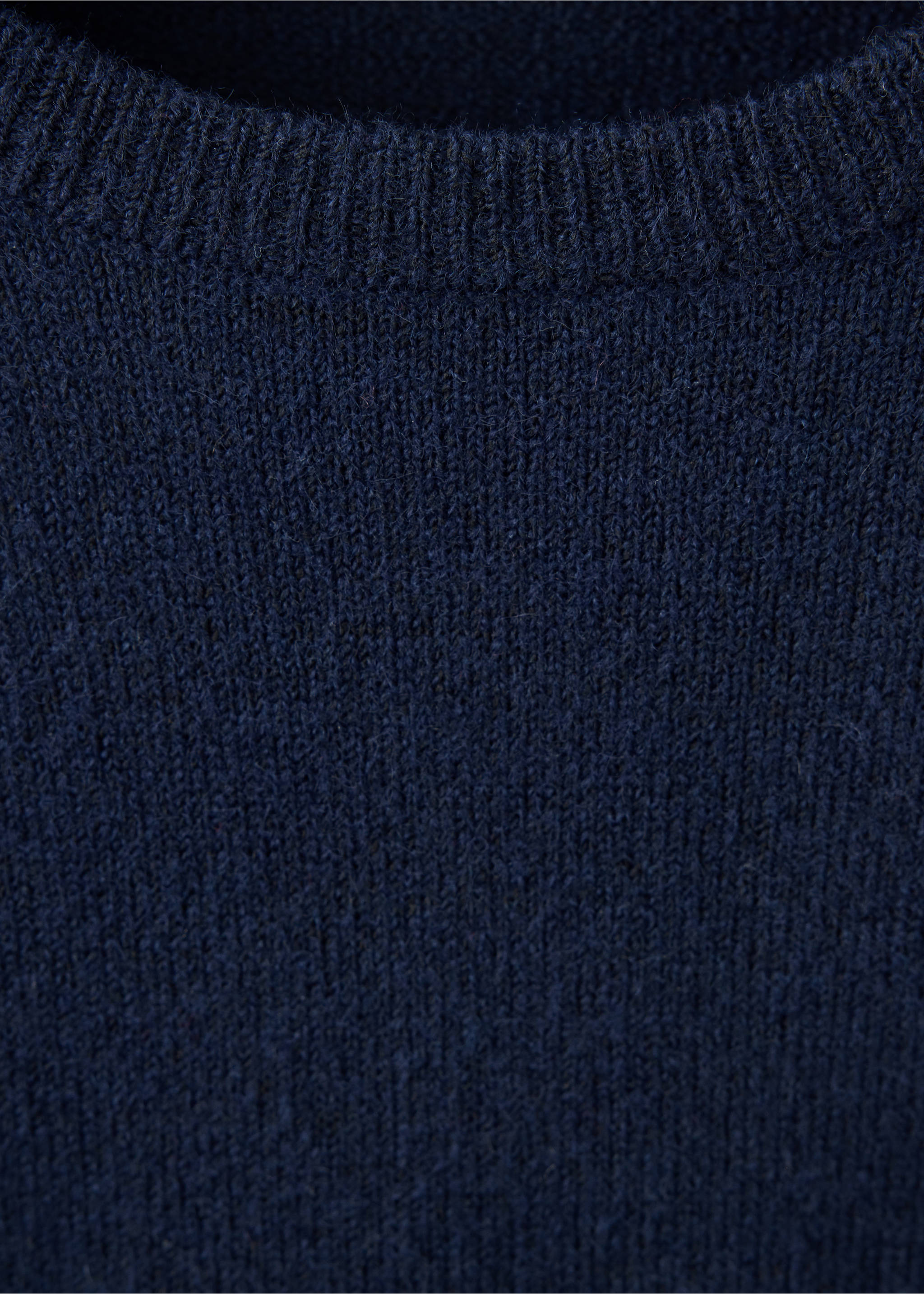 Close-up of a dark navy blue jersey with a ribbed crew neck., Navy. Ref: 37066739-00.