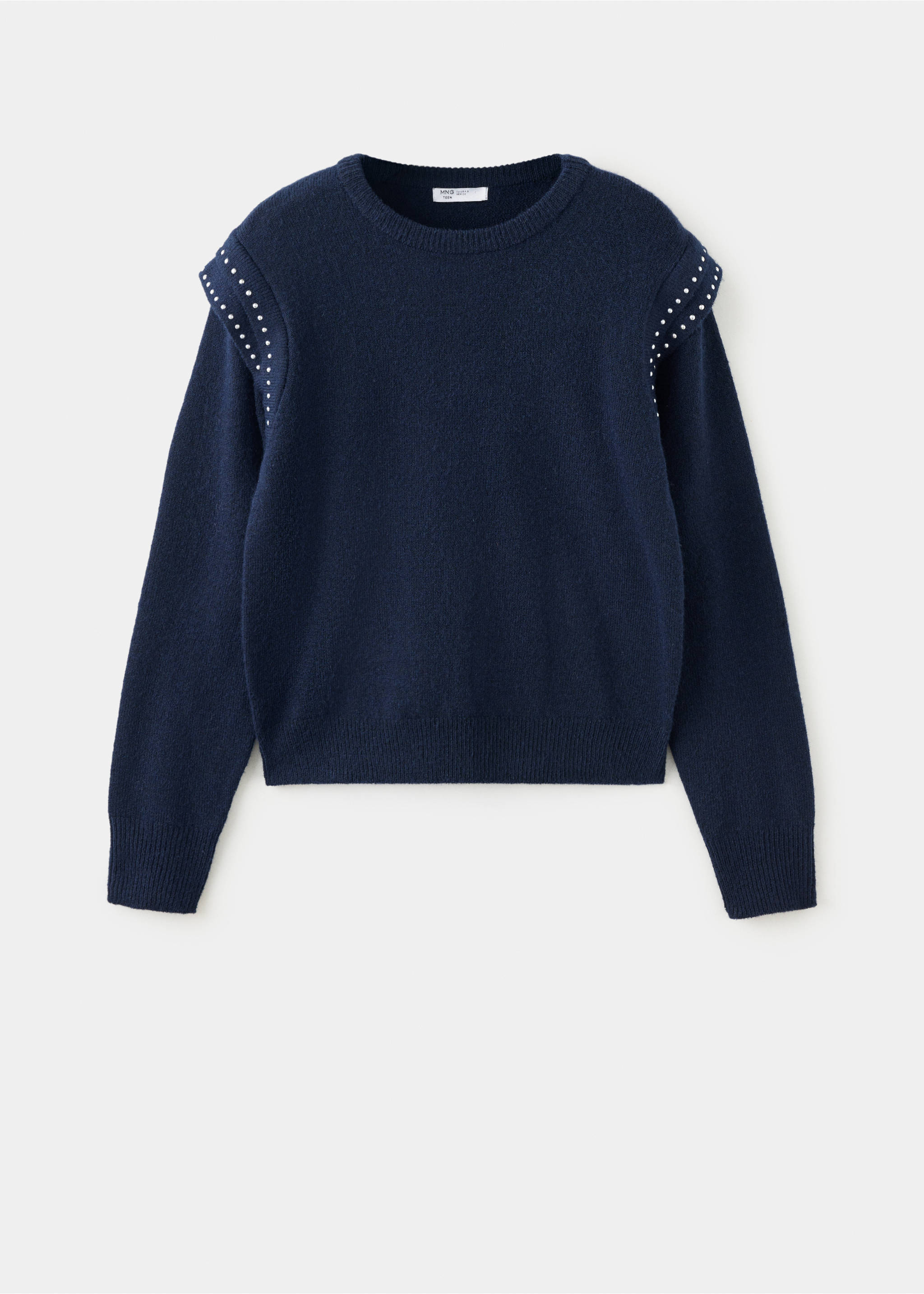 Dark blue knit jumper with a crew neckline and stud-embellished shoulders., Navy. Ref: 37066739-00.