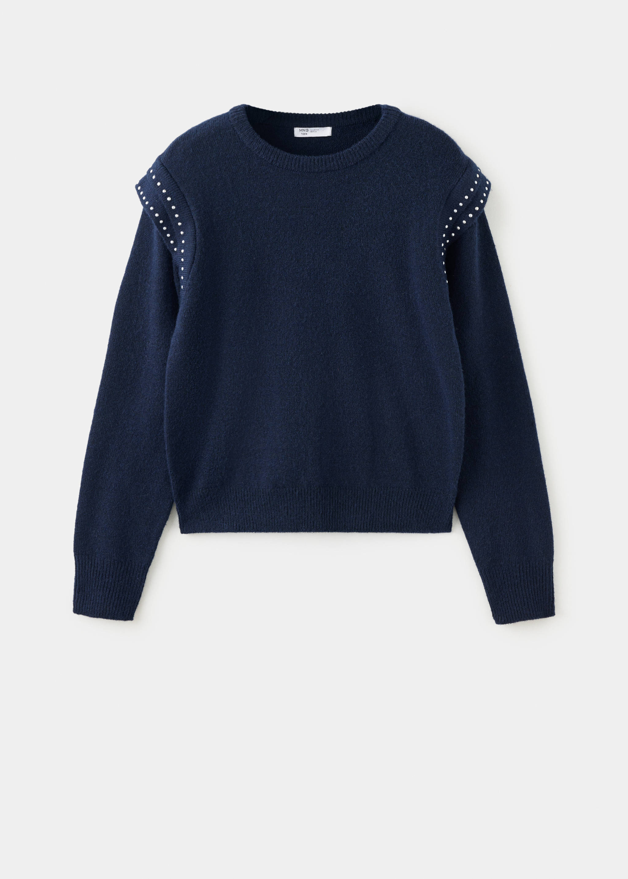 Dark blue knit jumper with a crew neckline and stud-embellished shoulders.