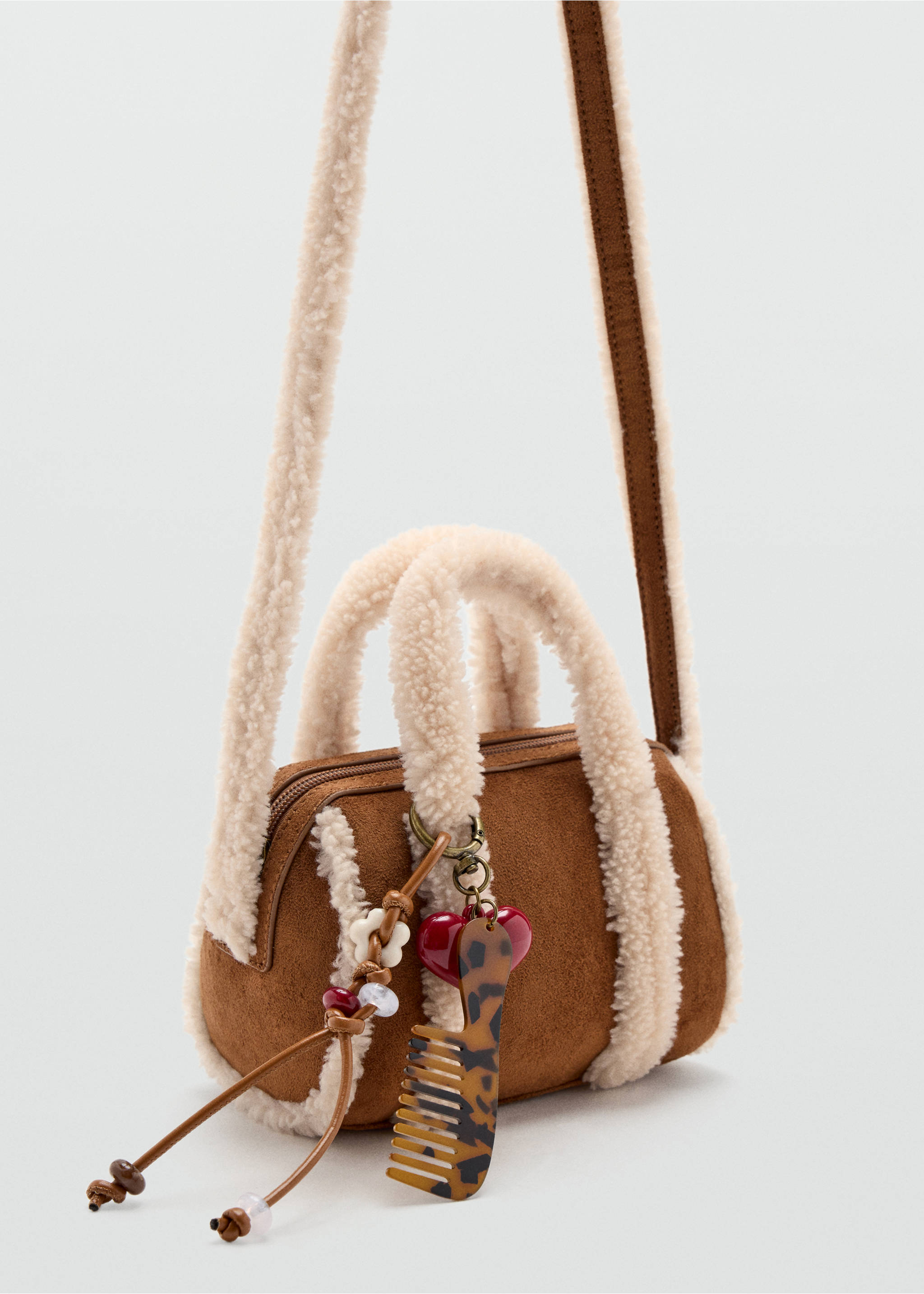 Mini bag in suede effect with shearling detail - Medium plane, Medium Brown. Ref: 37066744-00.