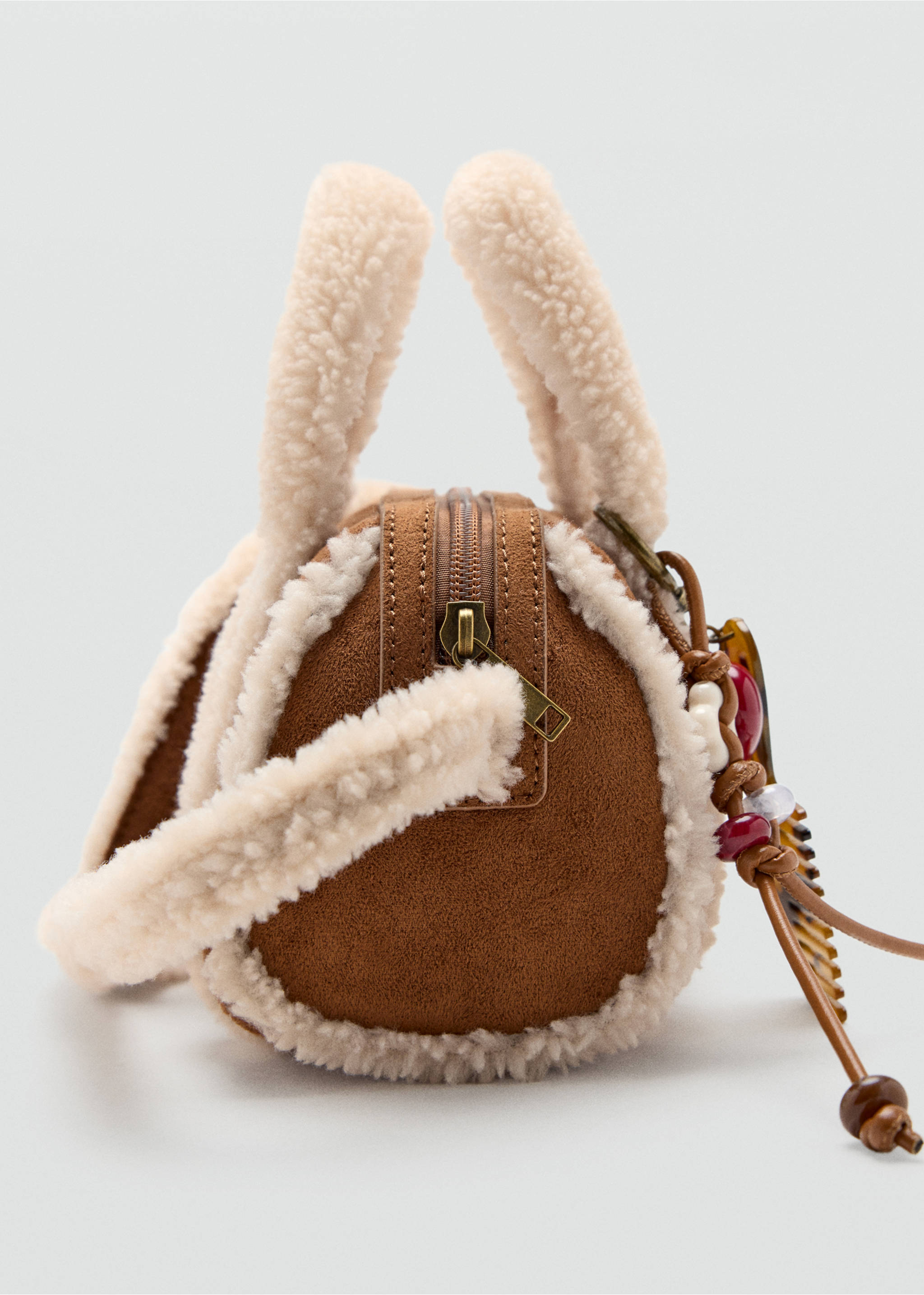 Mini bag in suede effect with shearling detail - Details of the article 1, Medium Brown. Ref: 37066744-00.