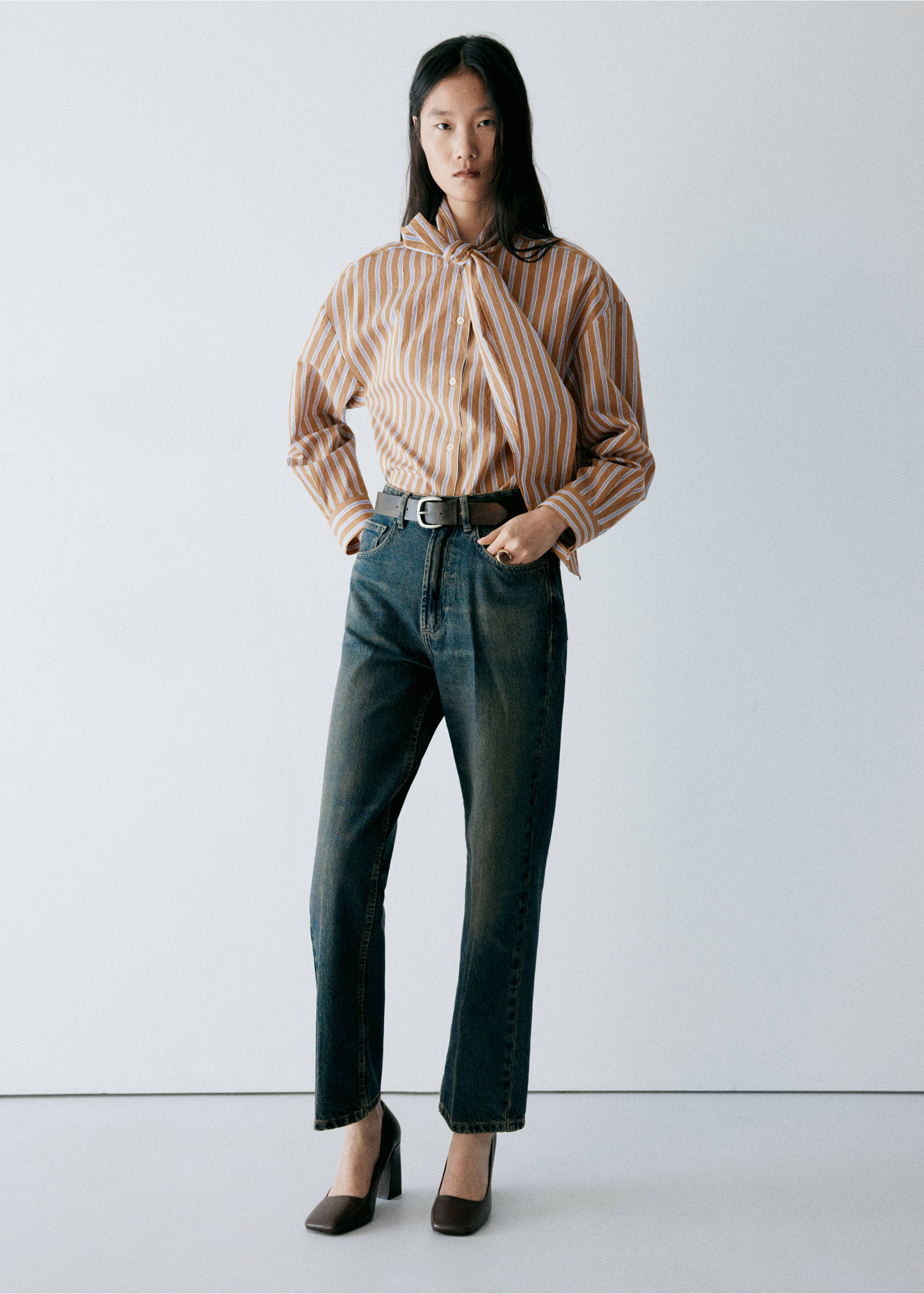 Striped bow blouse - General plane, Brown. Ref: 37066747-00.