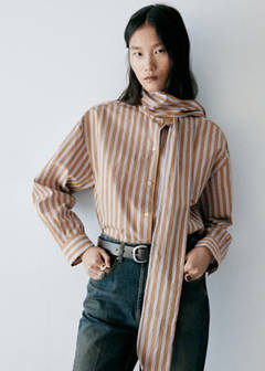 Striped bow blouse — Brown 1