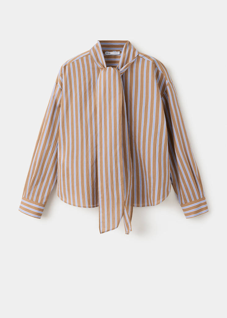 Pasiasta bluzka z wiązaniem brązowy - Kobieta - XS - MANGO