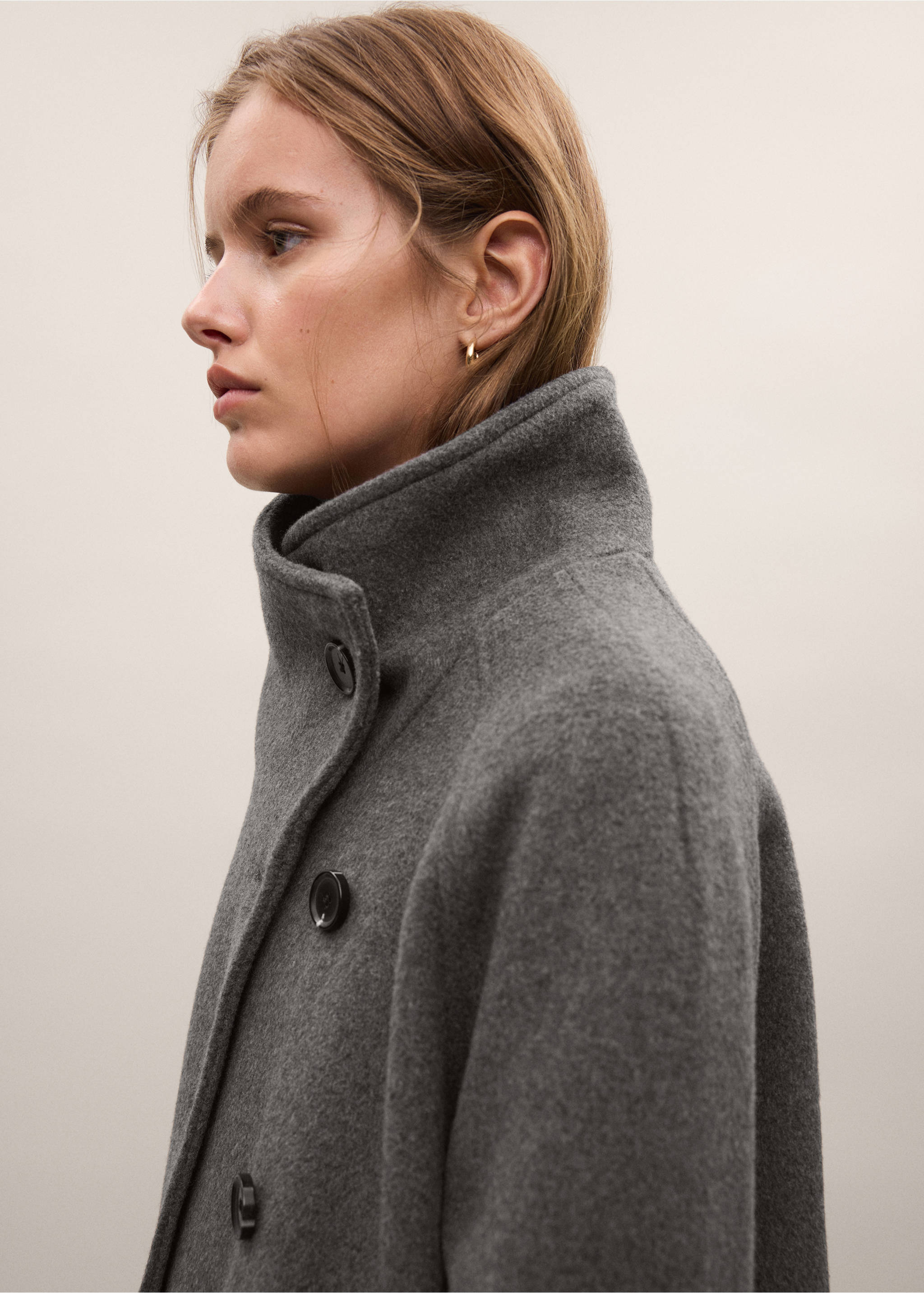 Wool funnel neck coat - Details of the article 1, Dark Heather Grey. Ref: 37067113-00.