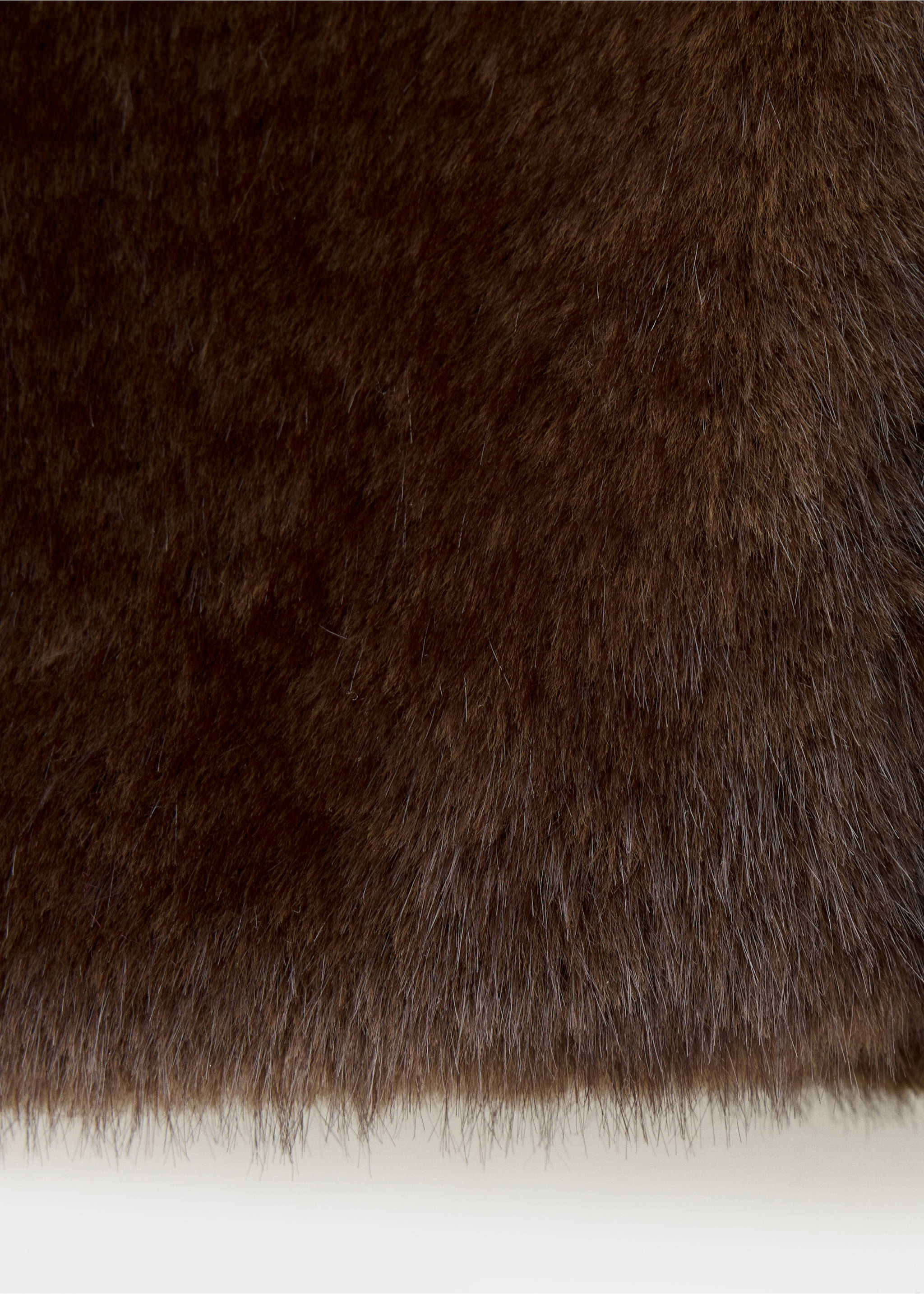 Brown faux-fur coat detail showing the soft textured fabric., Chocolate. Ref: 37067125-00.