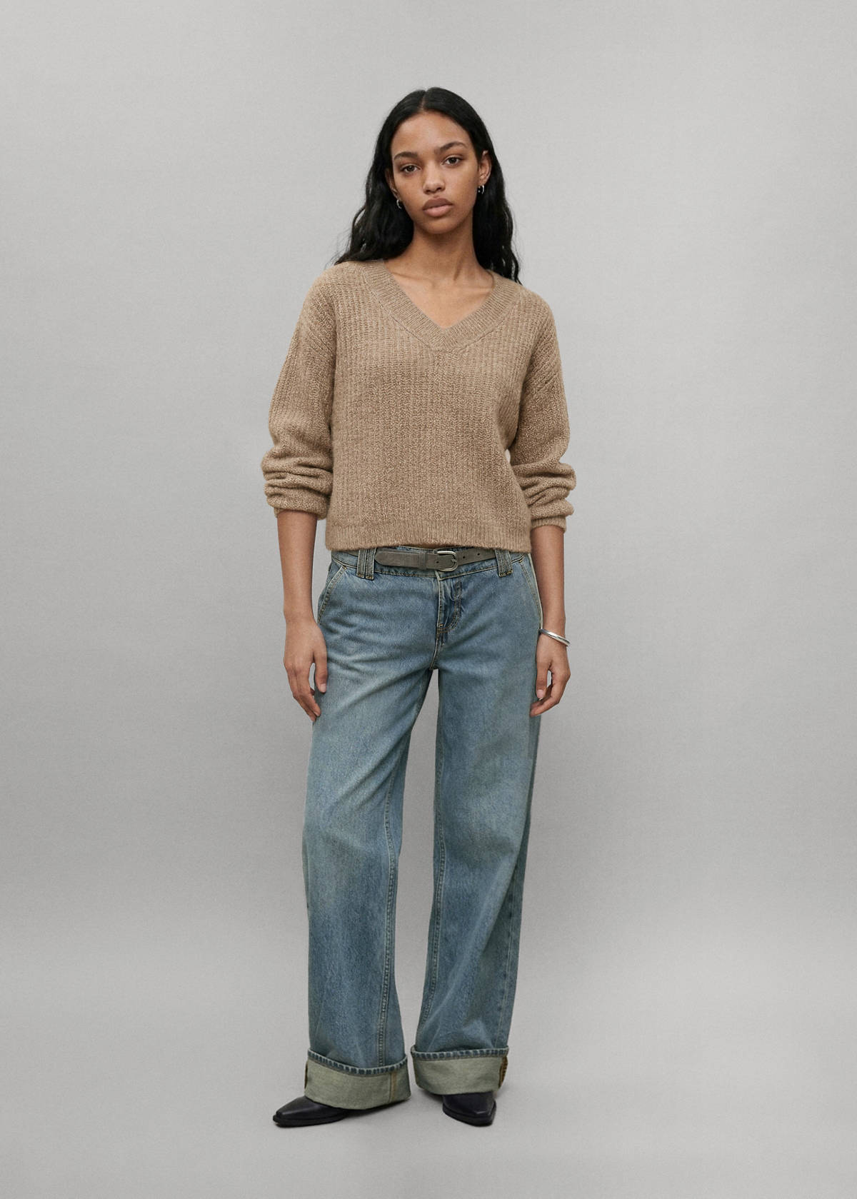 V-neck knit jumper with metallic yarn — Medium Brown