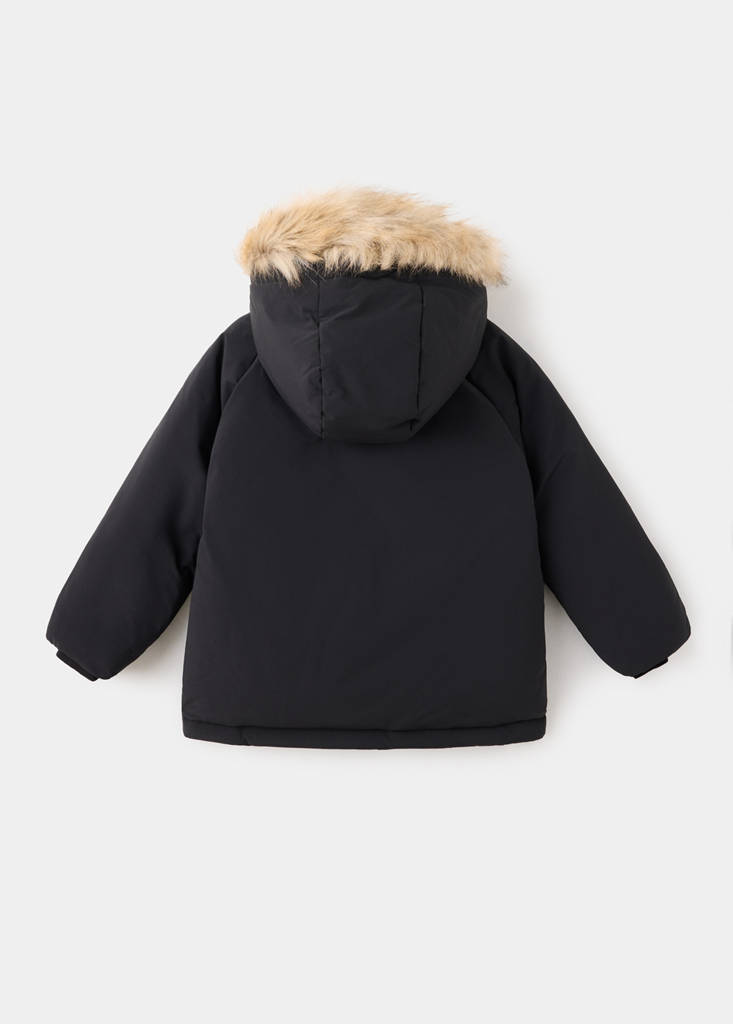 Puffer coat with fur-effect hood — Black