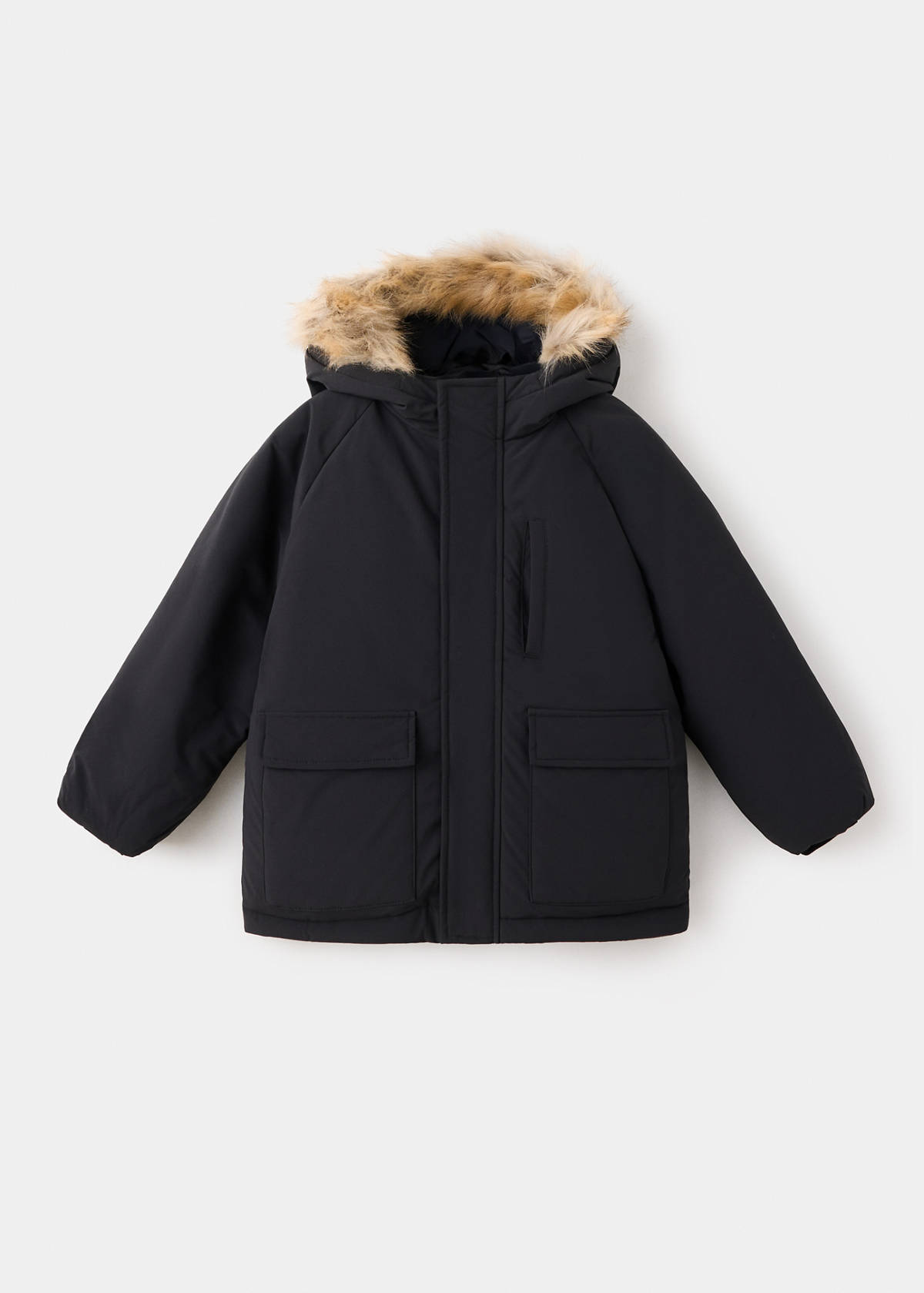 Puffer coat with fur-effect hood — Black