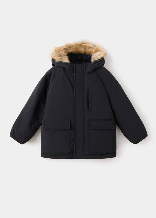 Puffer coat with fur-effect hood — Black