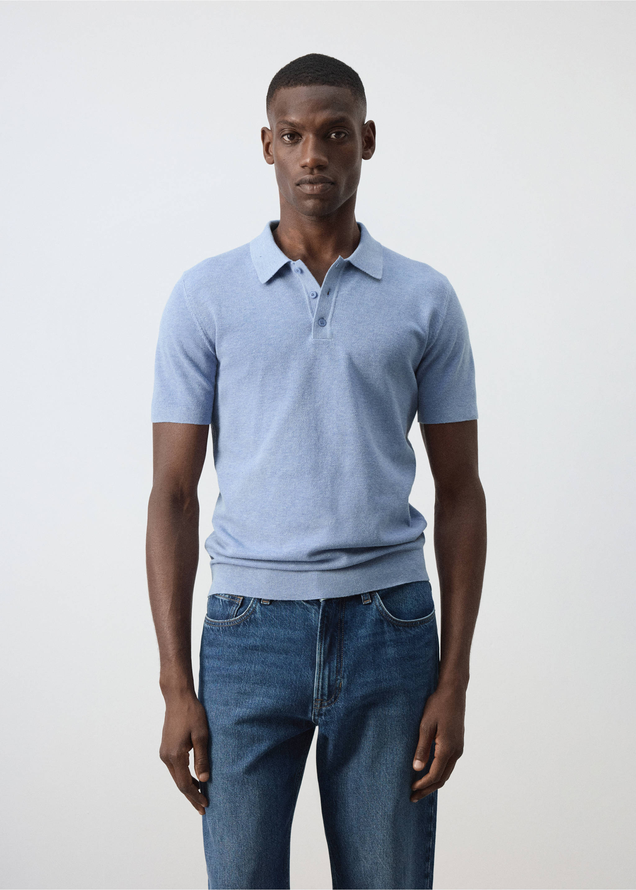 Polo mélange coton maille fine - Plan moyen, Bleu. Ref: 37067771-00.