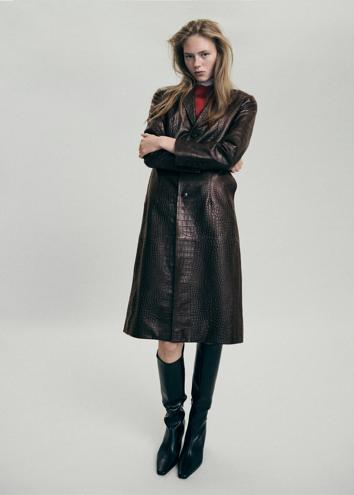 Croc-embossed faux fur coat