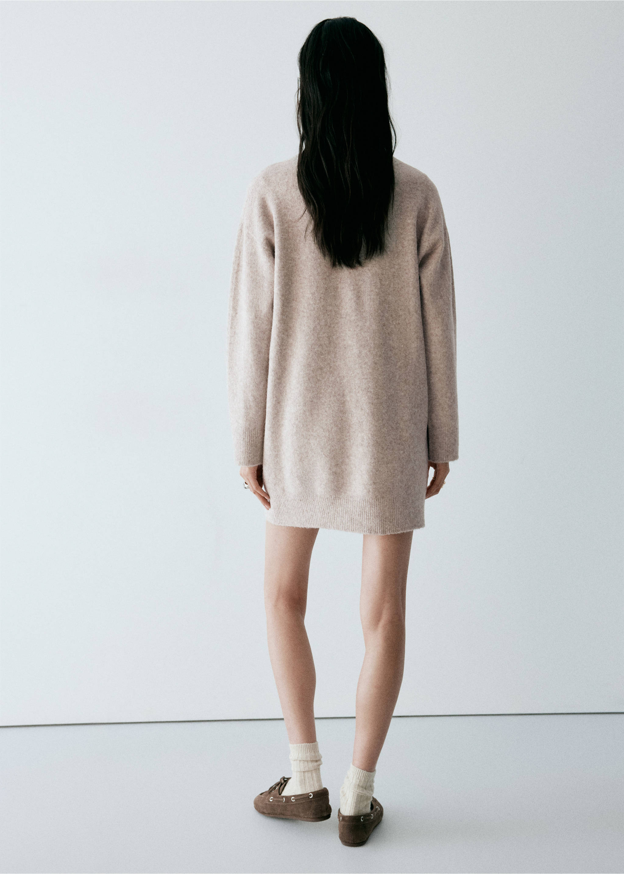 Back view of a beige knitted dress with long sleeves and ribbed trims., Light/Pastel Grey. Ref: 37067774-00.