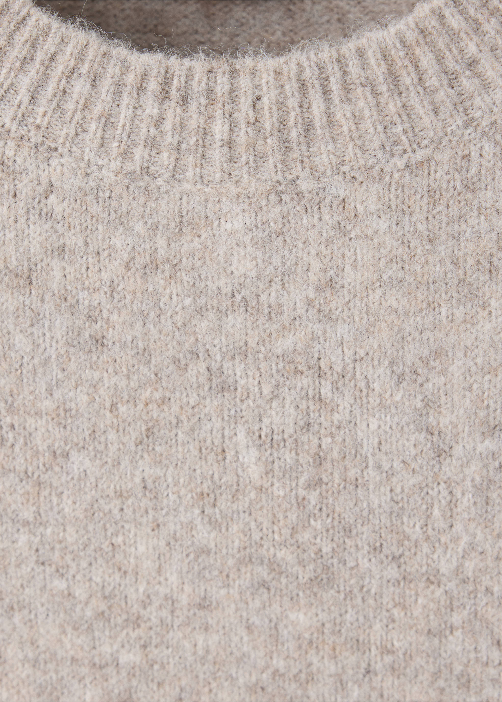 Close-up of a ribbed round neckline on a beige marled knit dress., Light/Pastel Grey. Ref: 37067774-00.