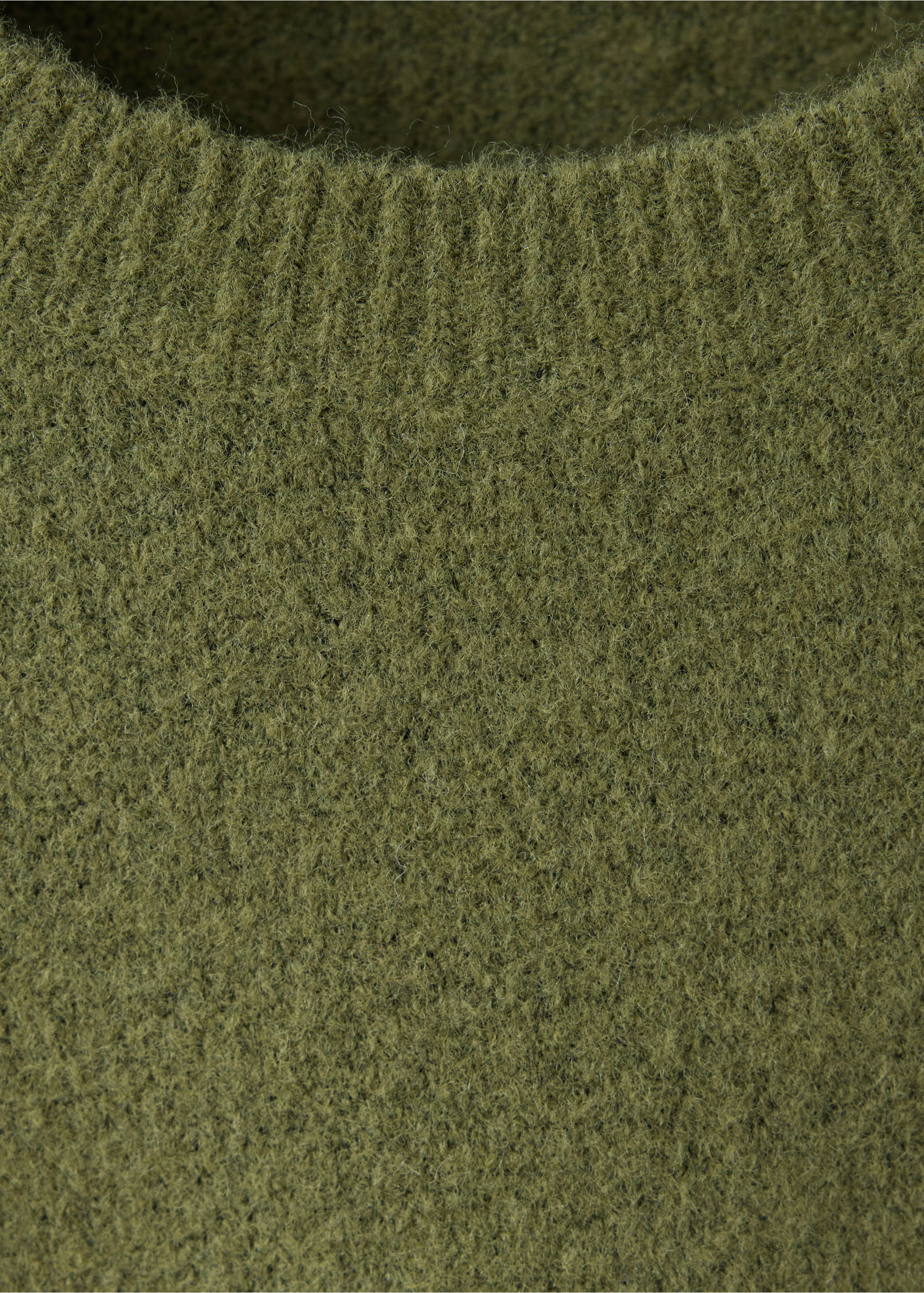 Olive green knitted dress detail showing textured fabric and ribbed crew neck, Forest Green. Ref: 37067774-00.