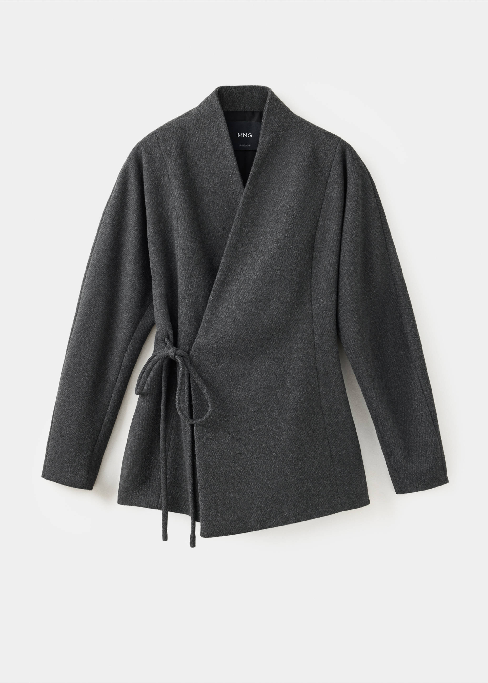 Dark grey wrap coat with a shawl collar and side tie., Charcoal. Ref: 37067782-00.