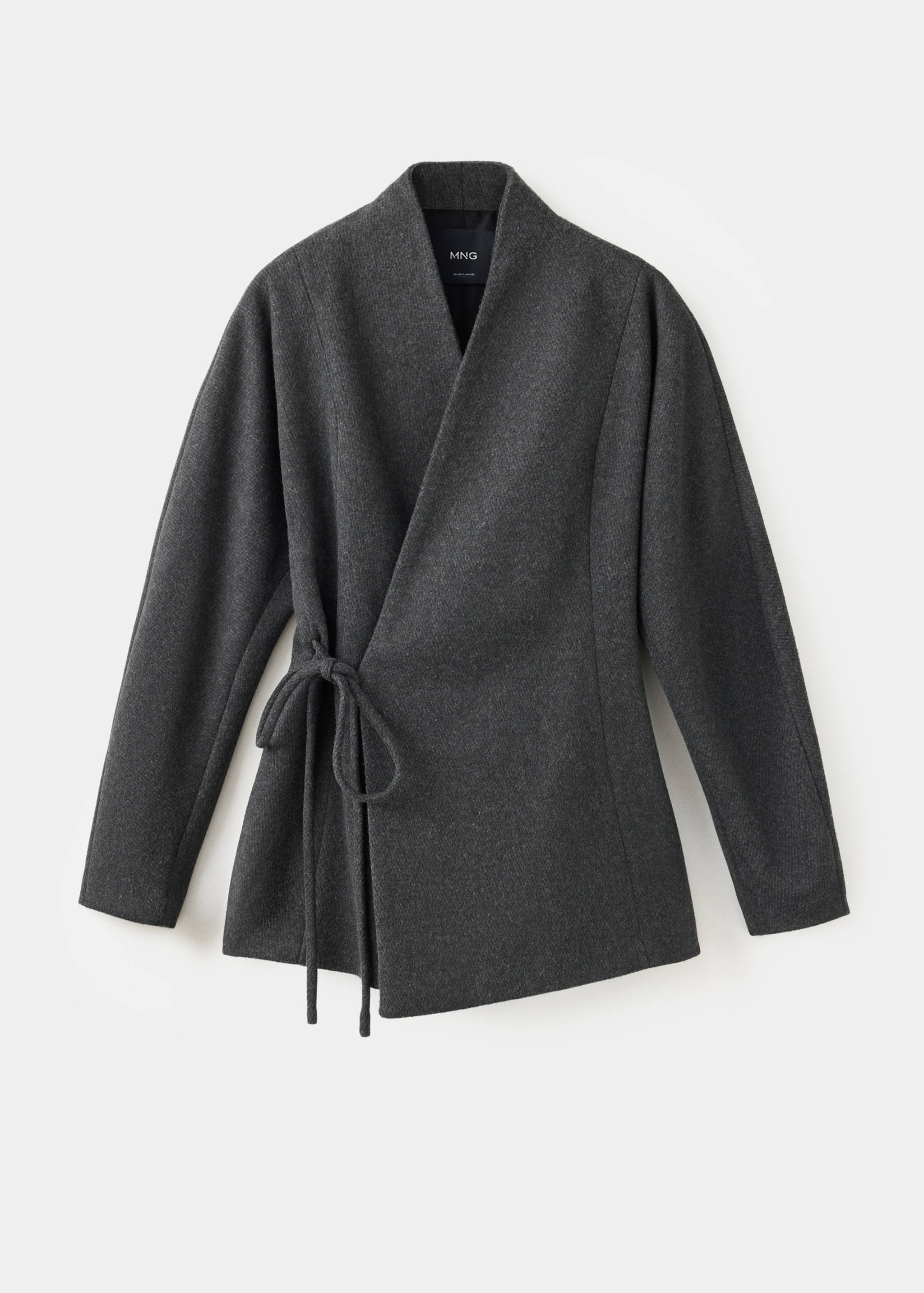 Dark grey wrap coat with a shawl collar and side tie.