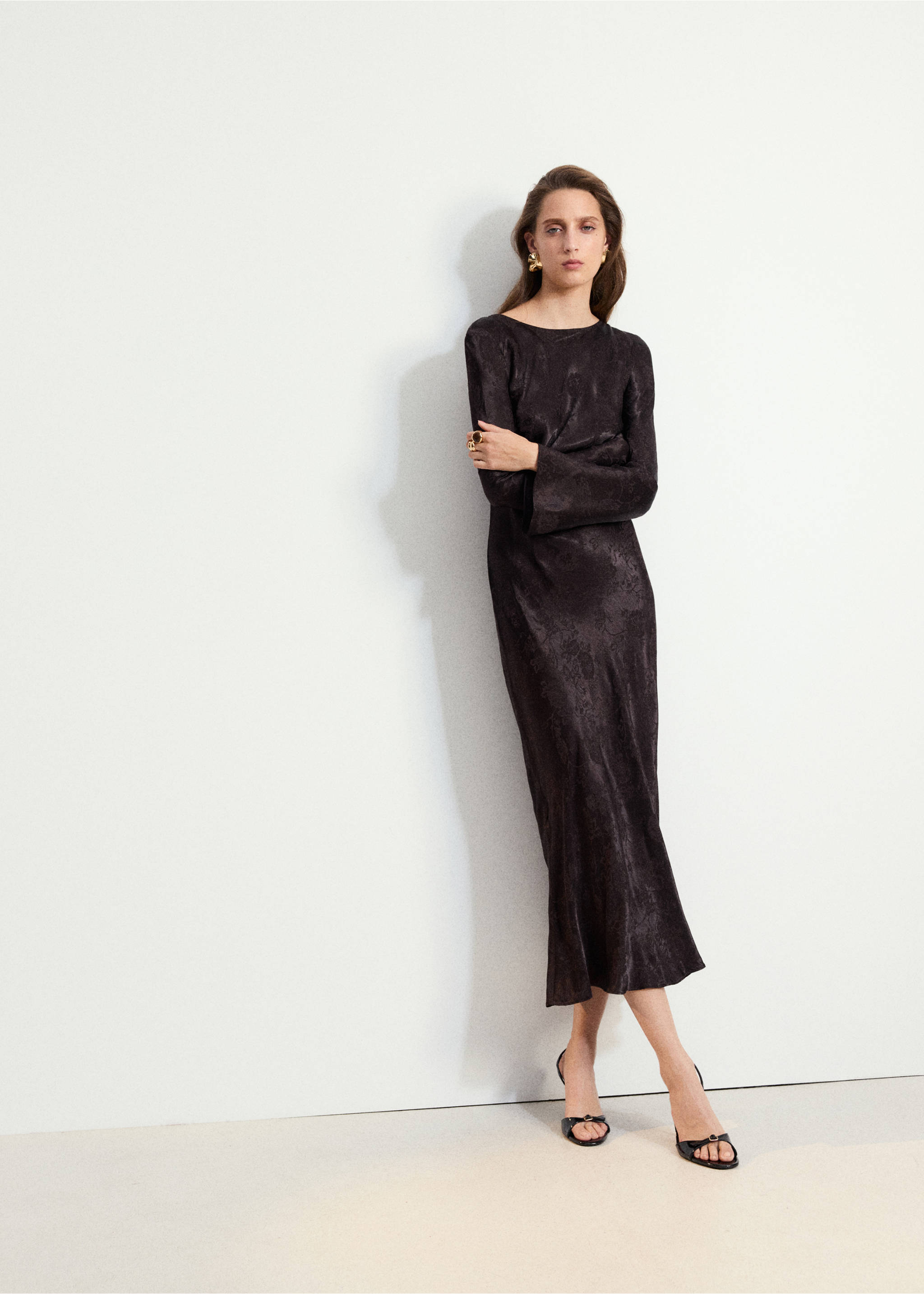 Jacquard dress with flared sleeves - General plane, Brown. Ref: 37067783-00.
