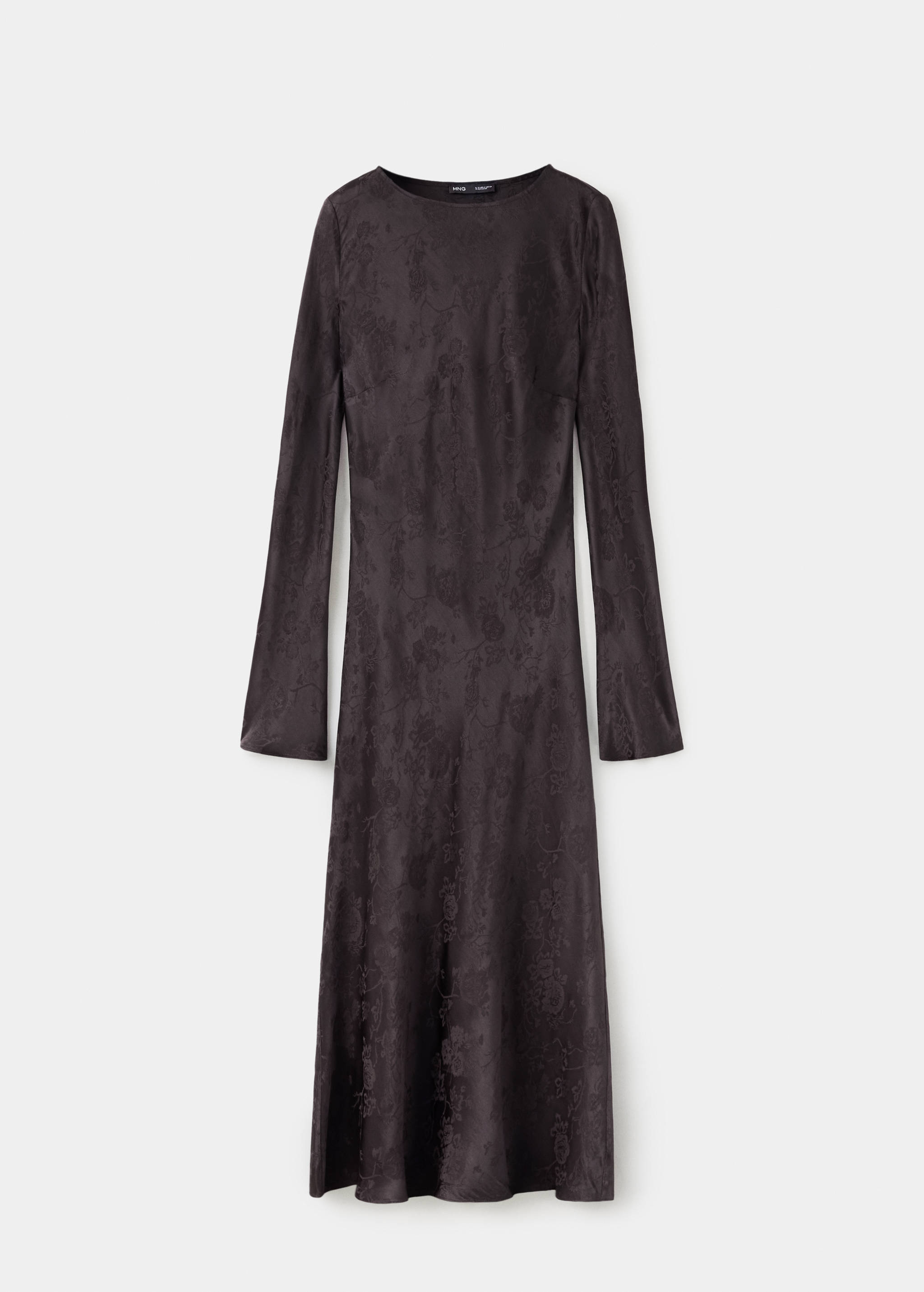 Dark brown floral jacquard long-sleeve dress with flared cuffs.