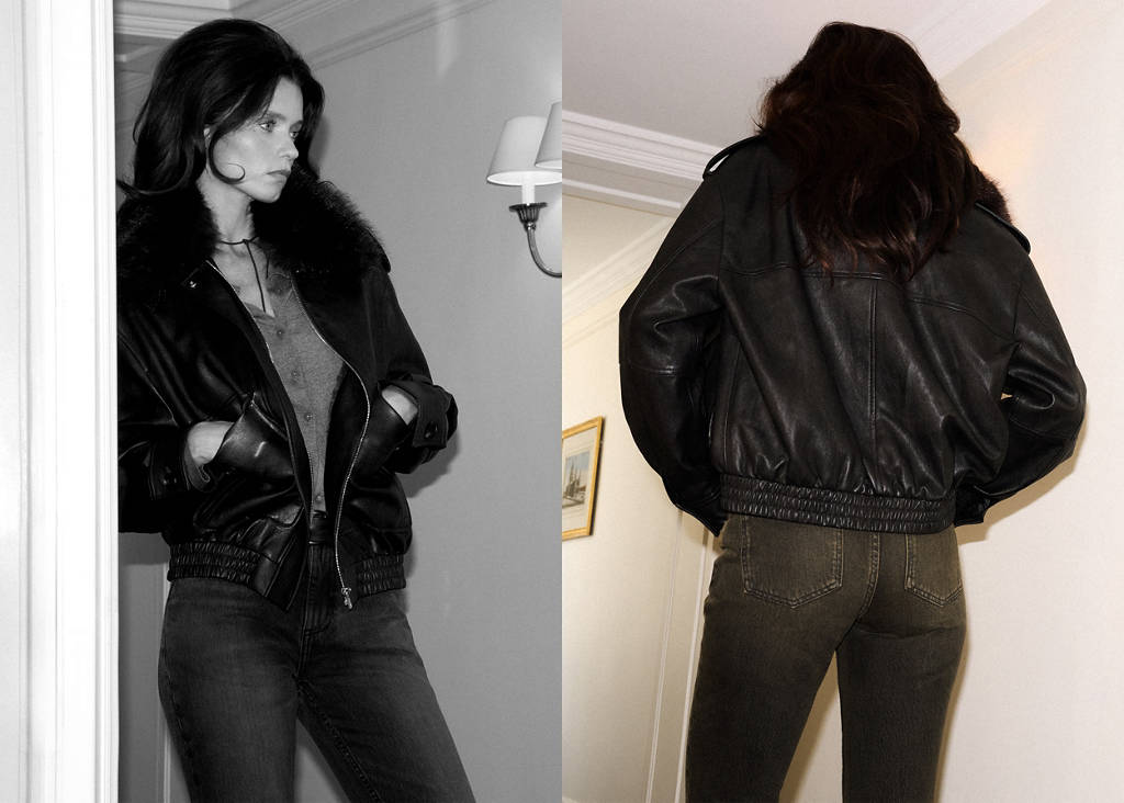 Faux-leather jacket with faux-fur collar by Mango