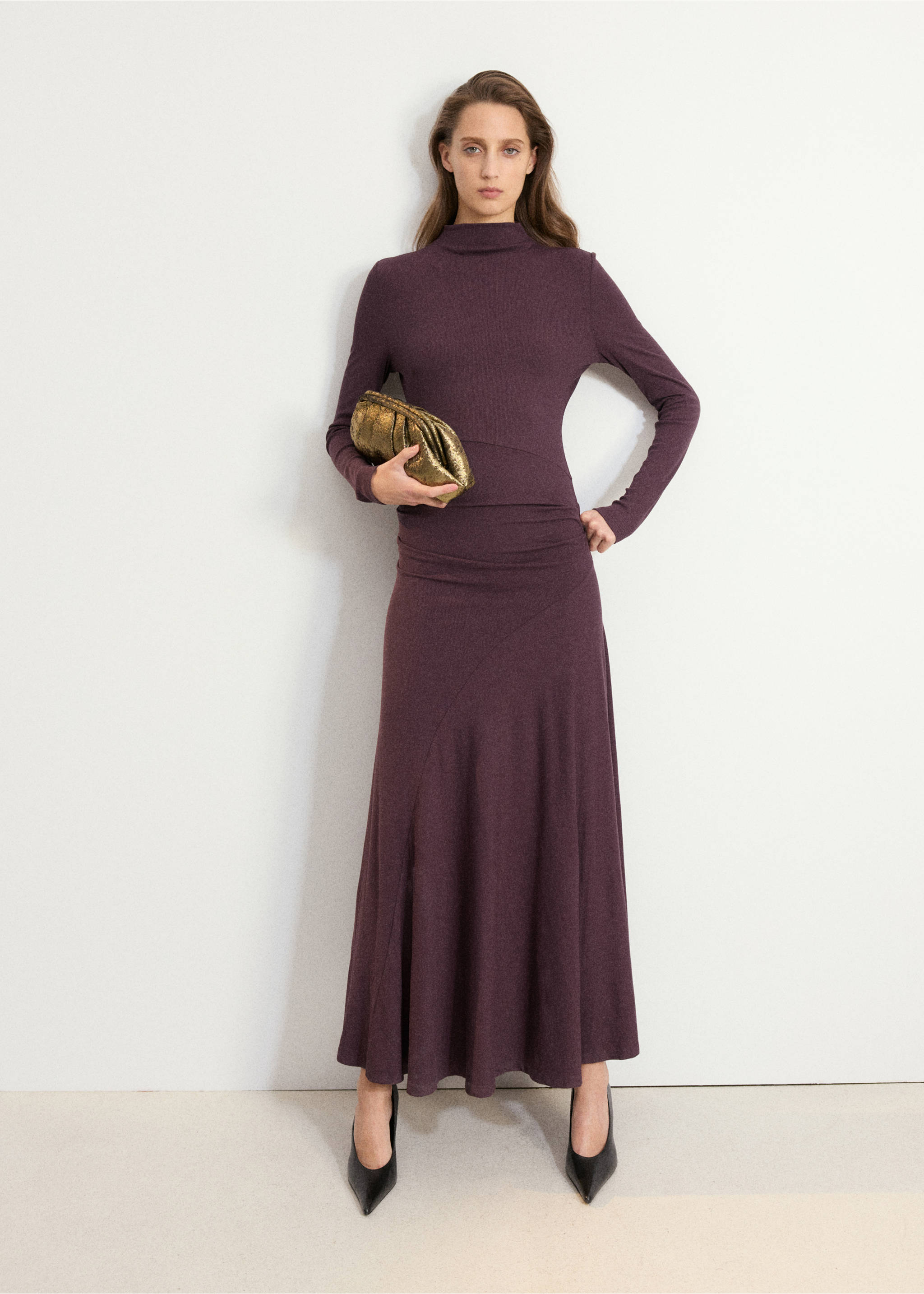 Plum purple high-neck long-sleeved maxi dress with an asymmetrical draped hip., Wine. Ref: 37067786-00.