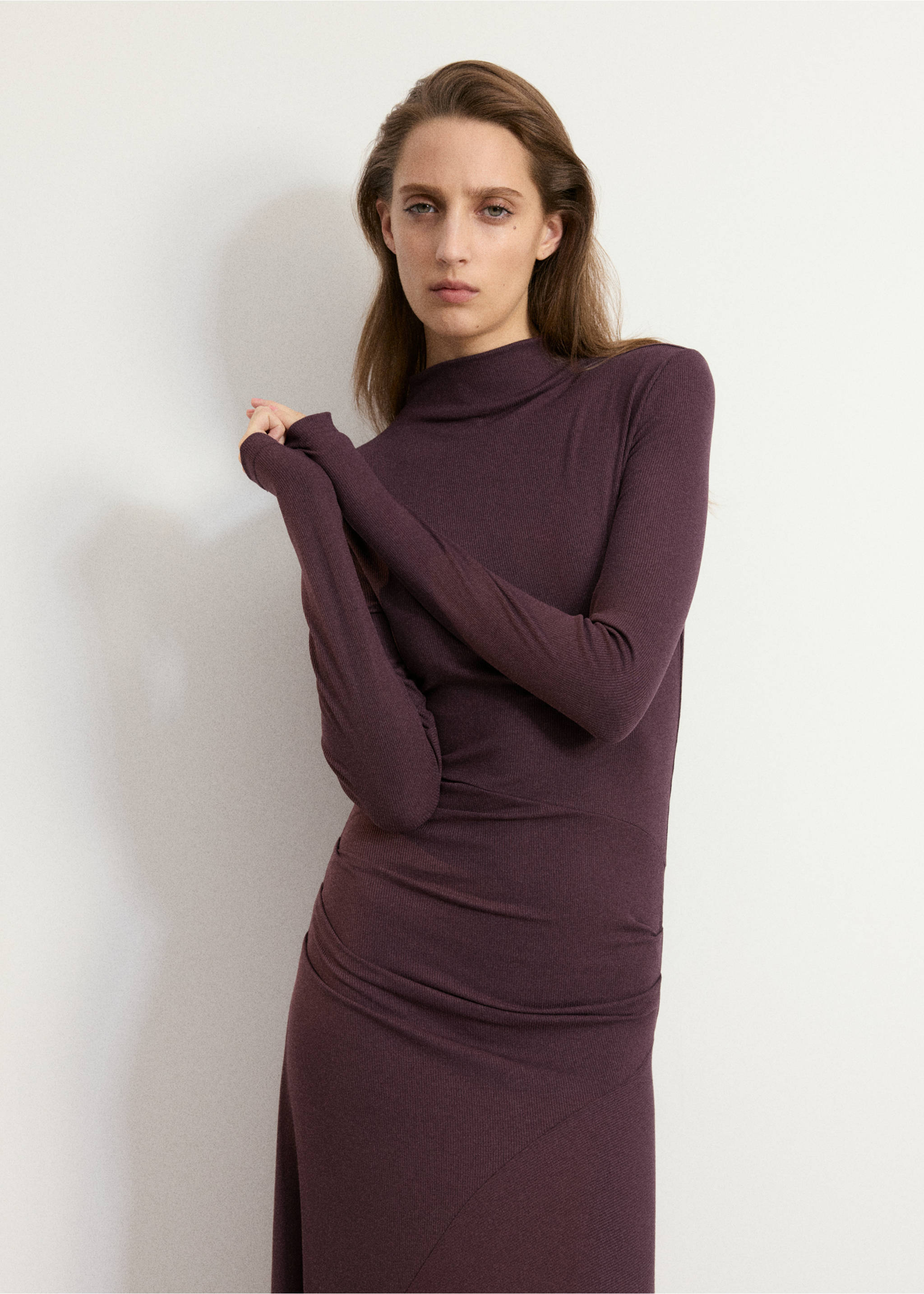 Dark plum purple long-sleeved dress with a high neckline and fitted silhouette., Wine. Ref: 37067786-00.