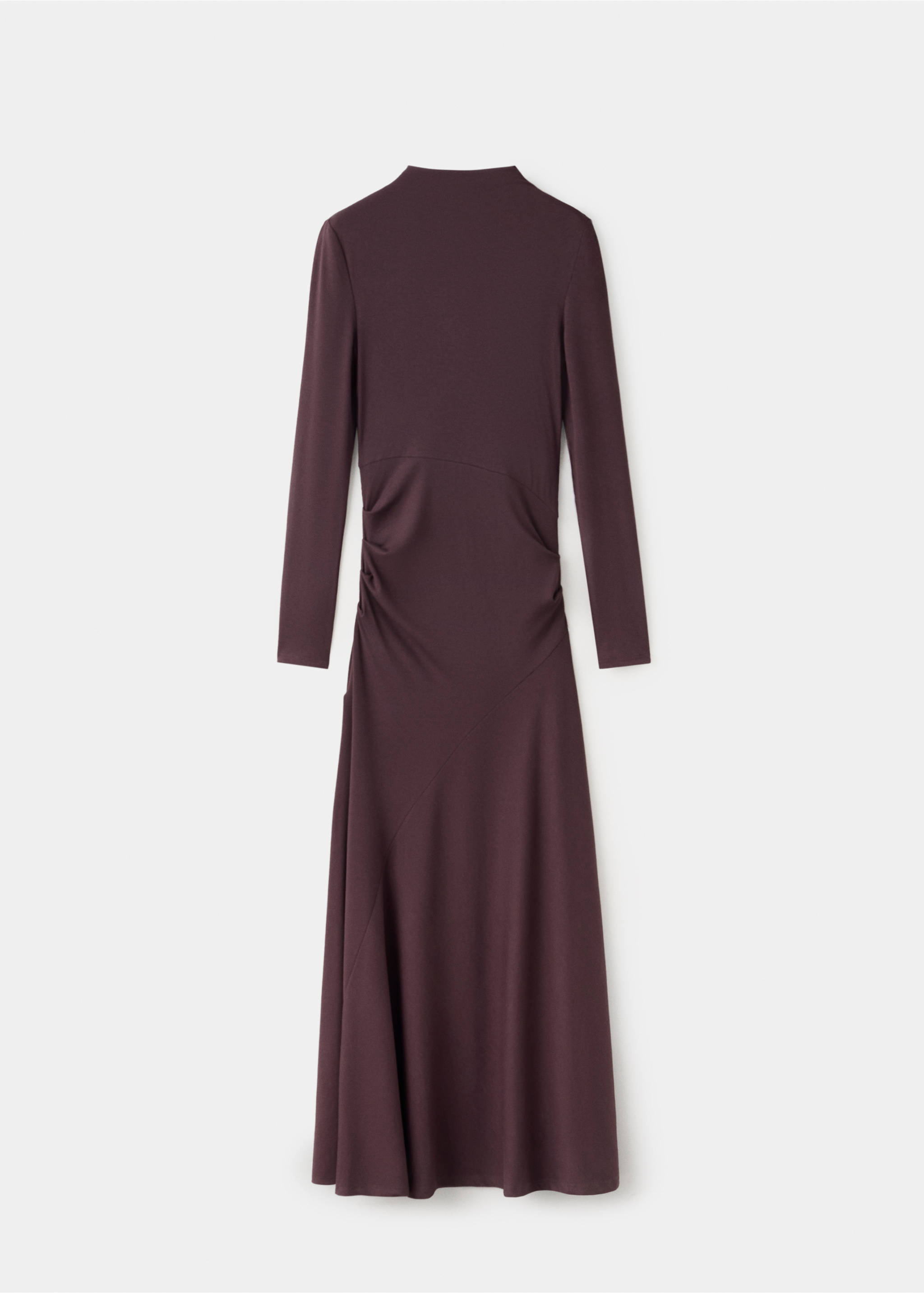 Plum long-sleeve midi dress with high neck and ruched waist, Wine. Ref: 37067786-00.